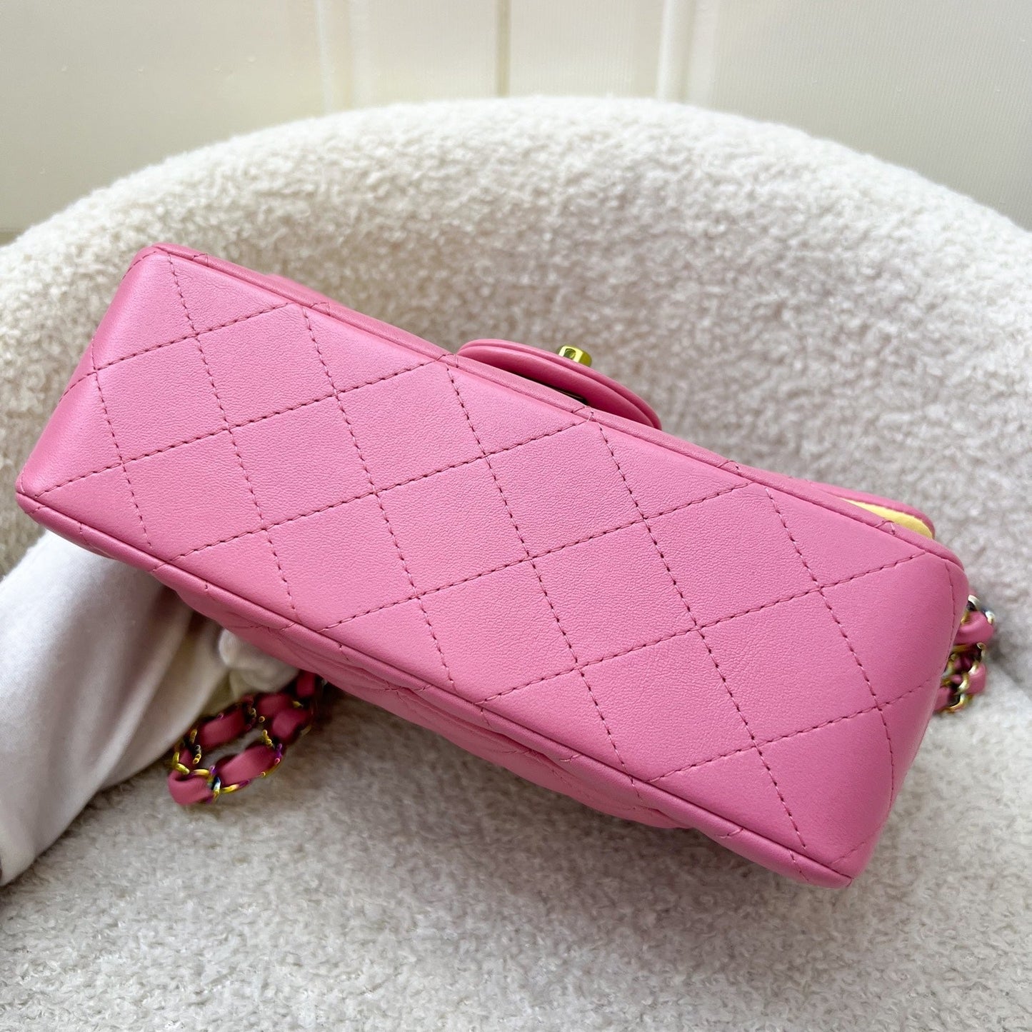 GLM-Classic Mini Rectangle Flap in 21P Pink / Yellow Lambskin and Rainbow HW