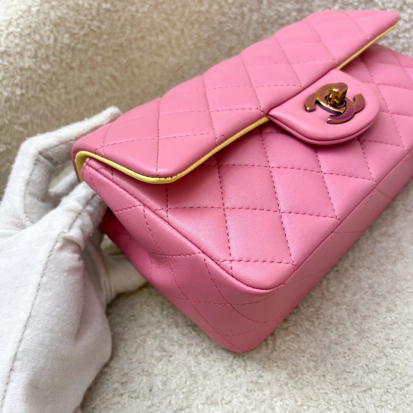 GLM-Classic Mini Rectangle Flap in 21P Pink / Yellow Lambskin and Rainbow HW