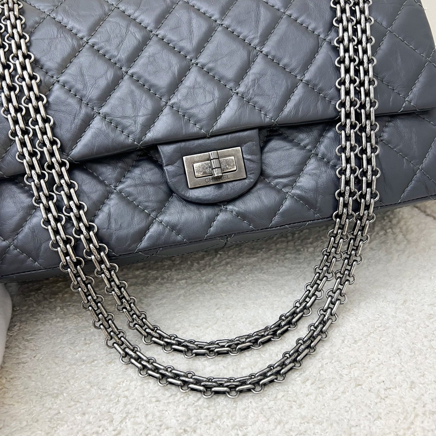 GLM-Large 2.55 Reissue Flap in Charcoal Grey Distressed Calfskin and RHW