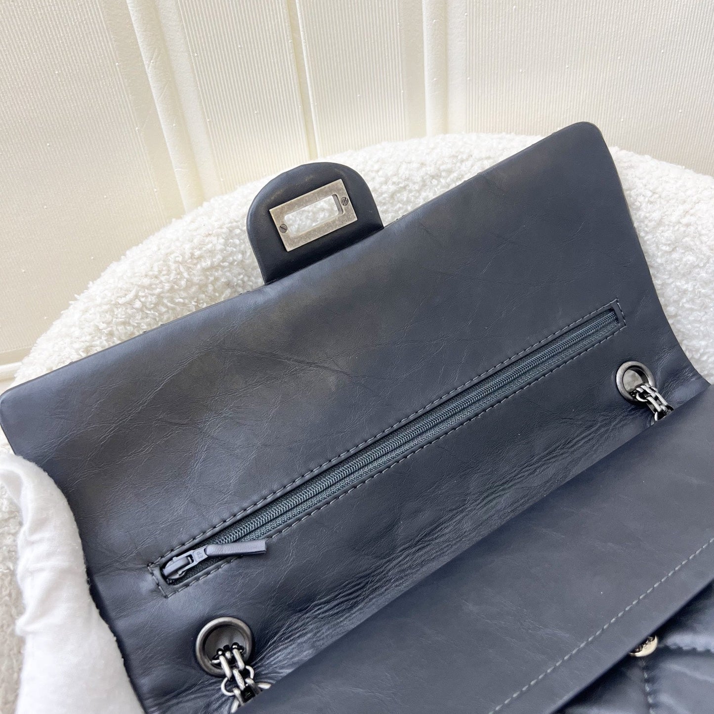 GLM-Large 2.55 Reissue Flap in Charcoal Grey Distressed Calfskin and RHW