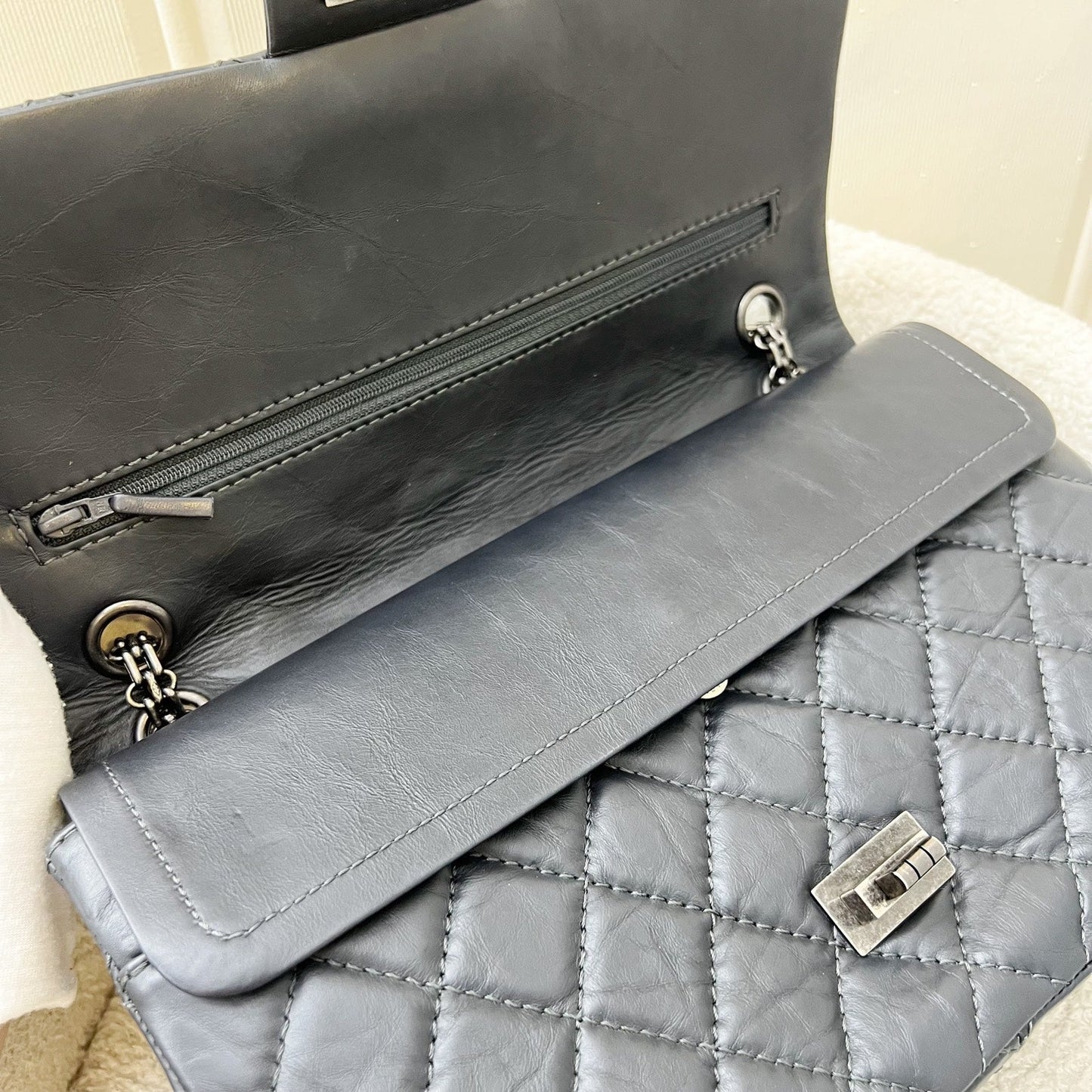 GLM-Large 2.55 Reissue Flap in Charcoal Grey Distressed Calfskin and RHW