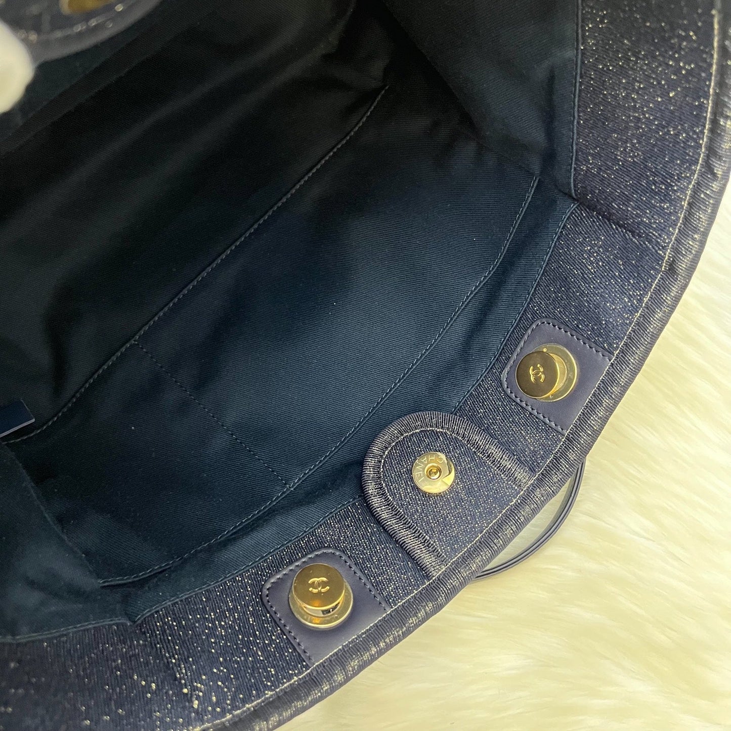GLM-Deauville Medium Tote in Navy Fabric, Glittery Threading and LGHW