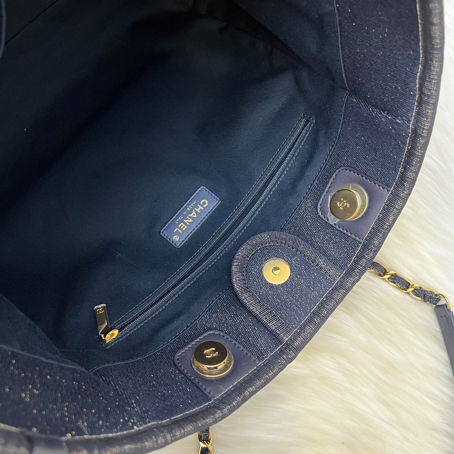 GLM-Deauville Medium Tote in Navy Fabric, Glittery Threading and LGHW