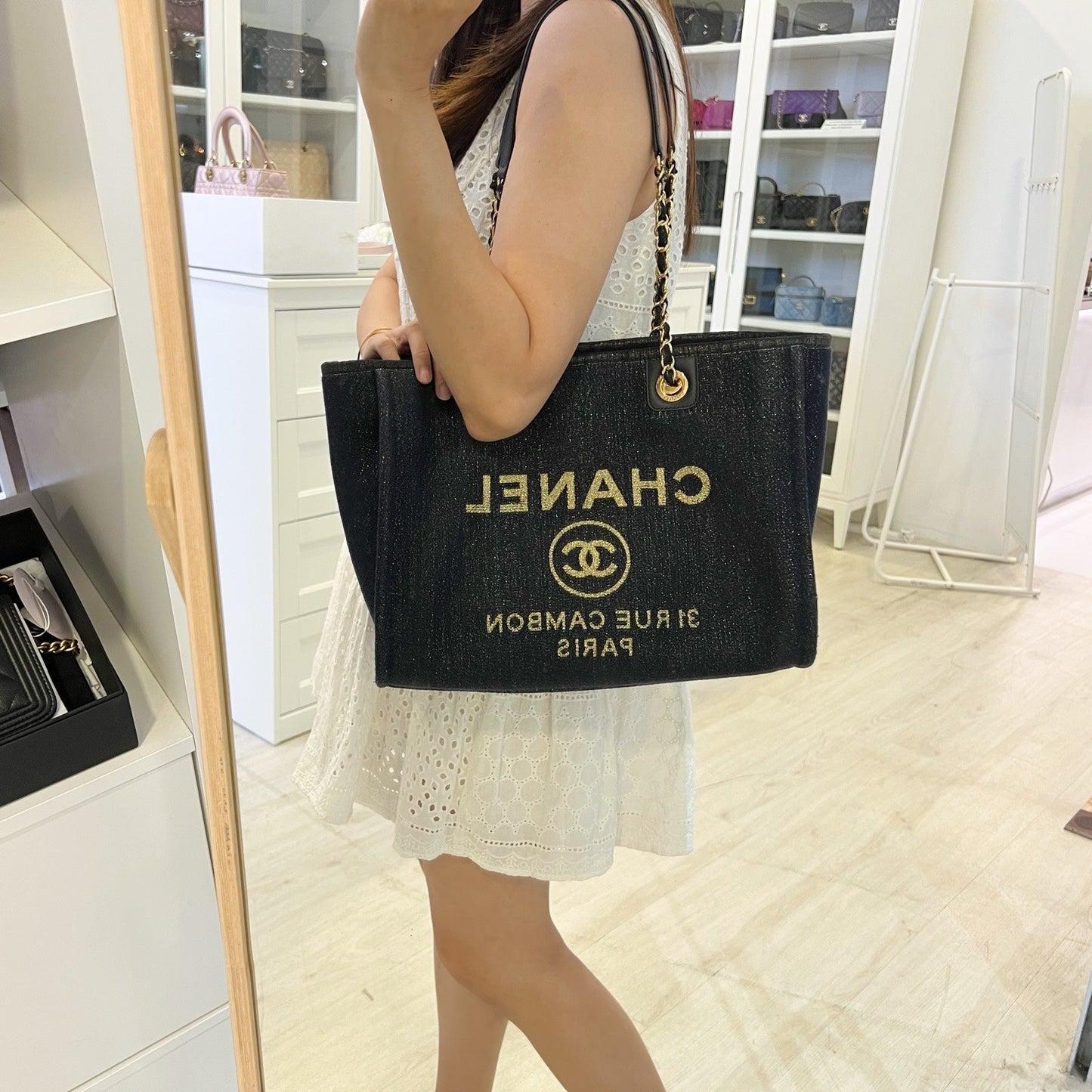 GLM-Deauville Medium Tote in Navy Fabric, Glittery Threading and LGHW
