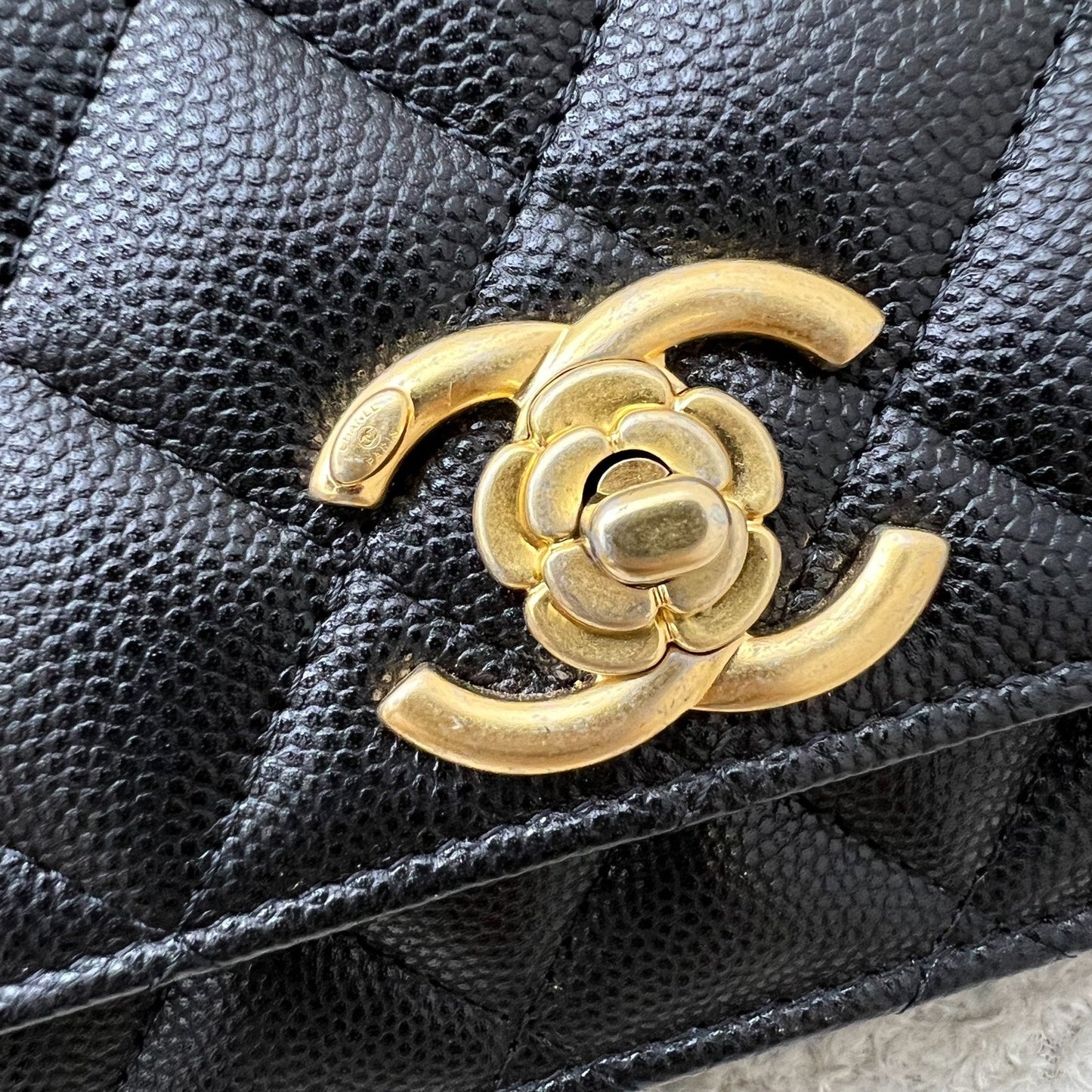 GLM-23K Camellia Flower Wallet on Chain WOC in Black Caviar and AGHW (AP3580)