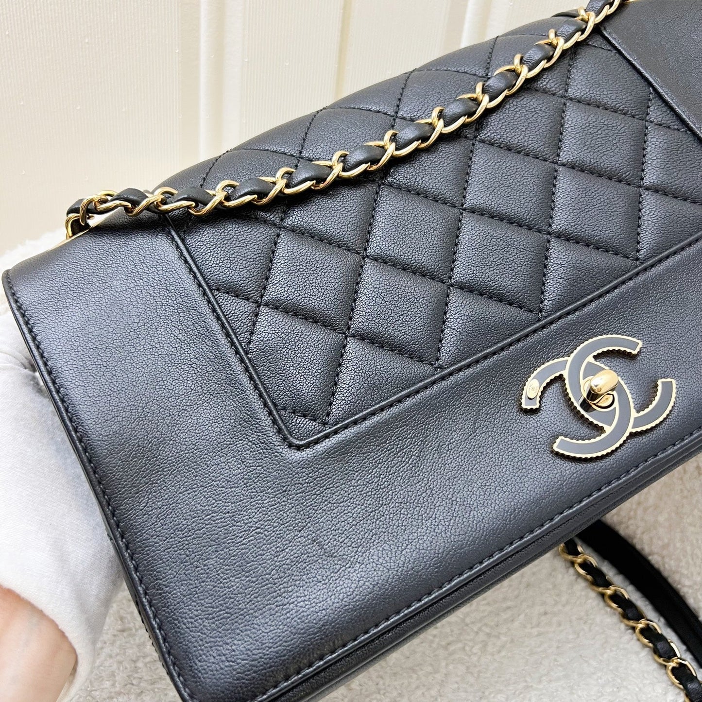 GLM-Large Mademoiselle Flap in Black Calfskin and GHW