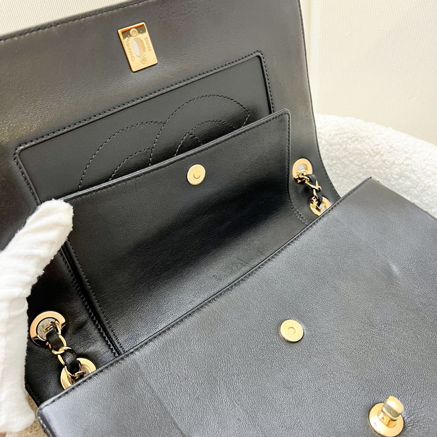 GLM-Large Mademoiselle Flap in Black Calfskin and GHW