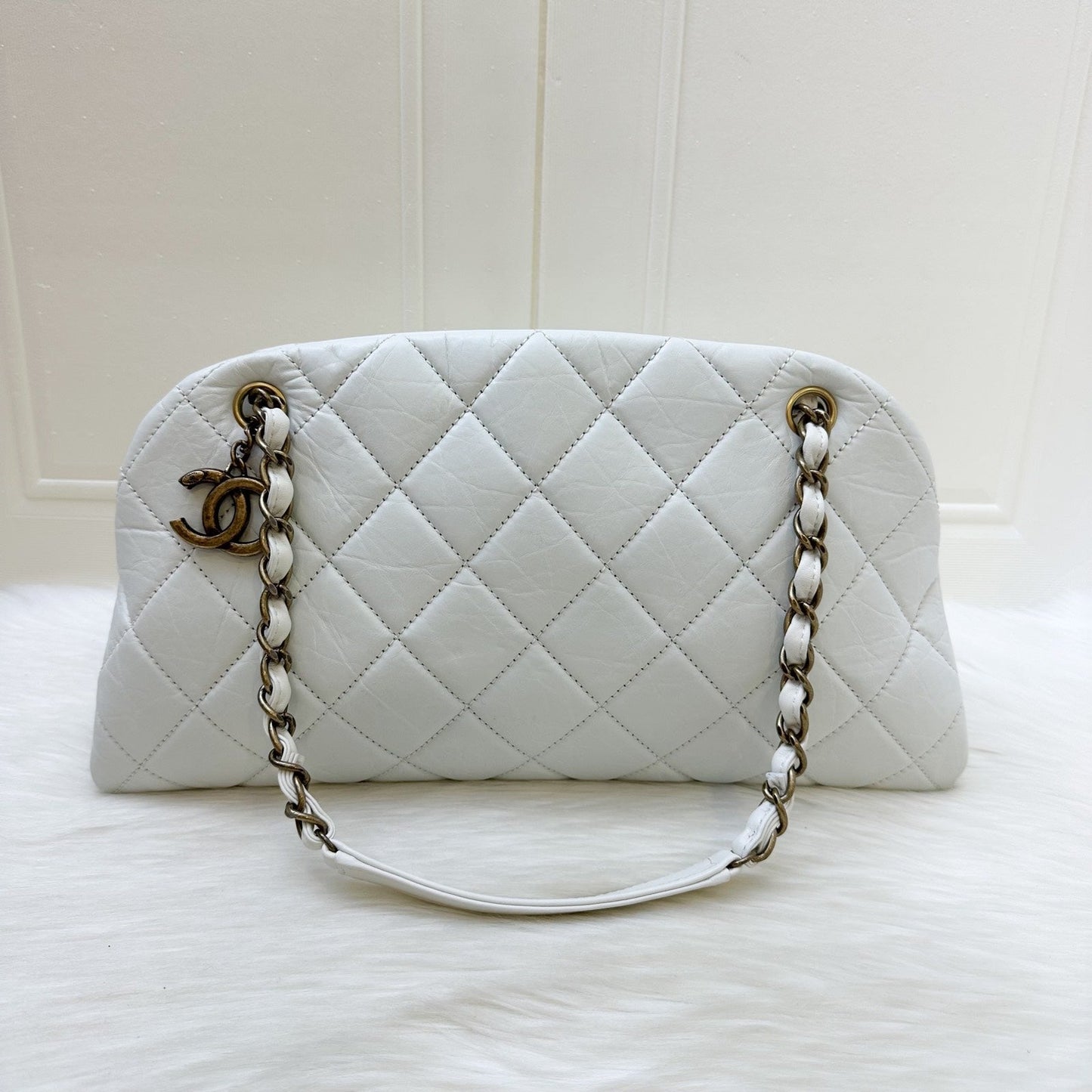 GLM-Just Mademoiselle Bowling Bag in White Calfskin and AGHW