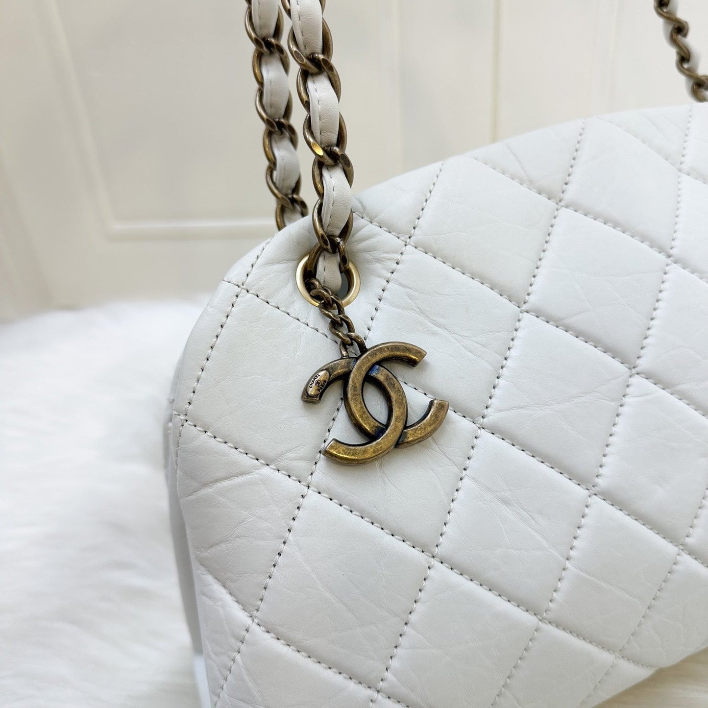 GLM-Just Mademoiselle Bowling Bag in White Calfskin and AGHW