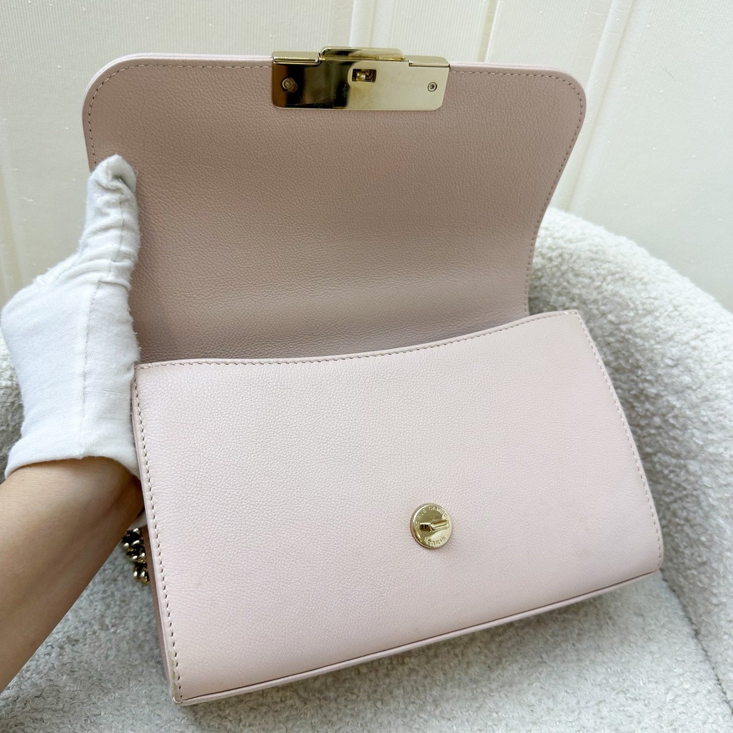 GLM-17C Click Label Shoulder Bag in Light Pink Calfskin and LGHW