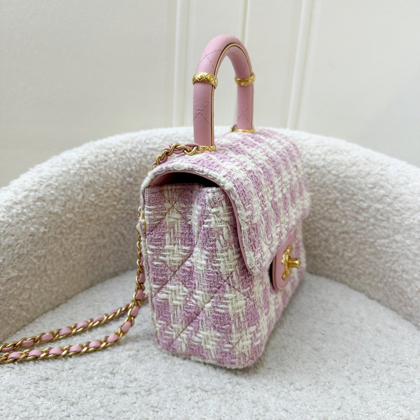 GLM-23S Top Handle Flap Bag in Pink Tweed Houndstooth AGHW