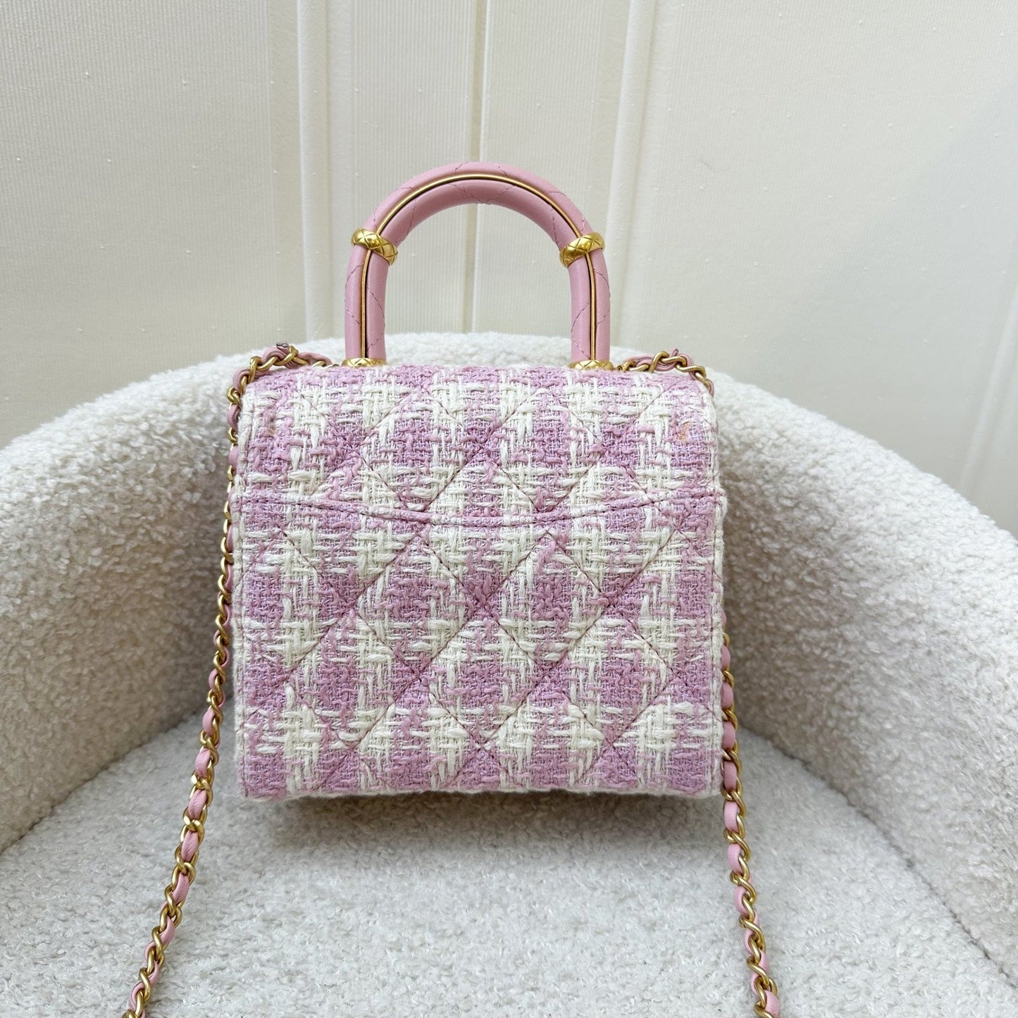 GLM-23S Top Handle Flap Bag in Pink Tweed Houndstooth AGHW