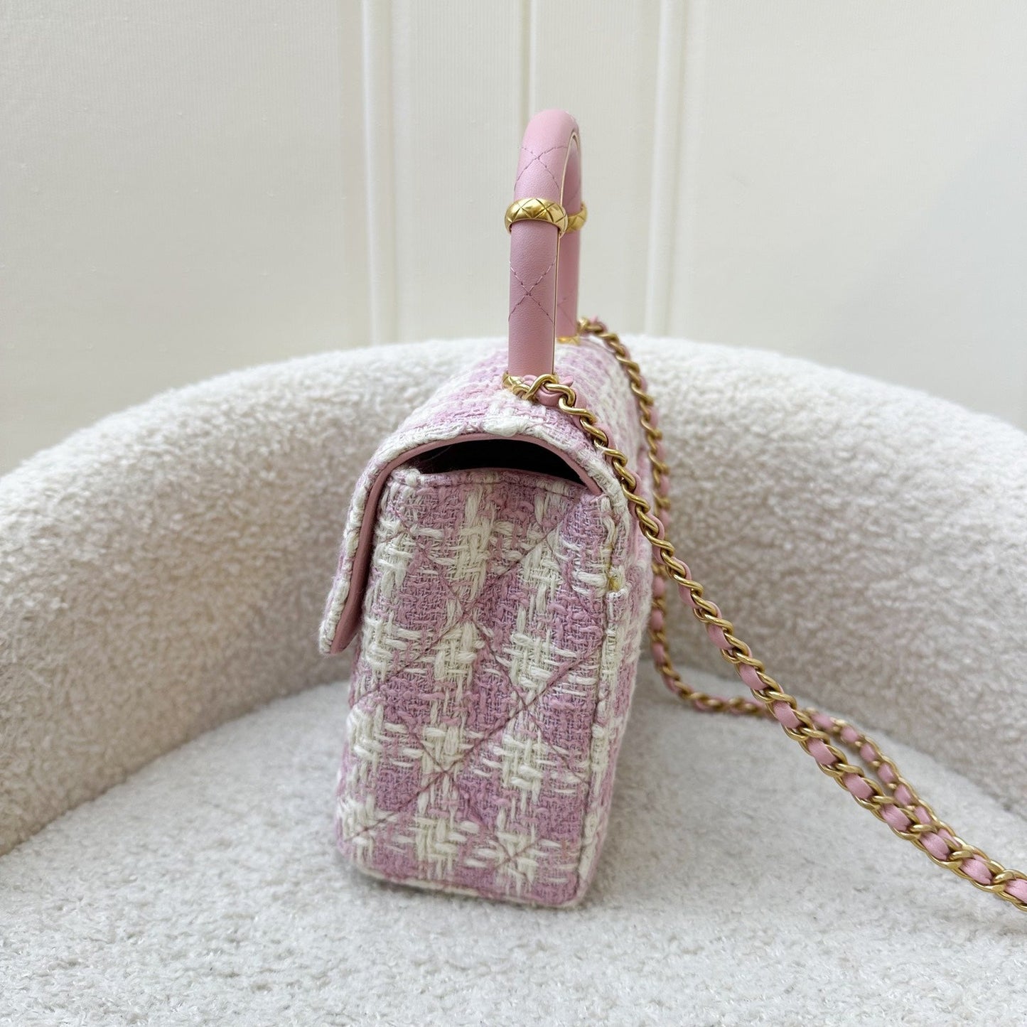 GLM-23S Top Handle Flap Bag in Pink Tweed Houndstooth AGHW