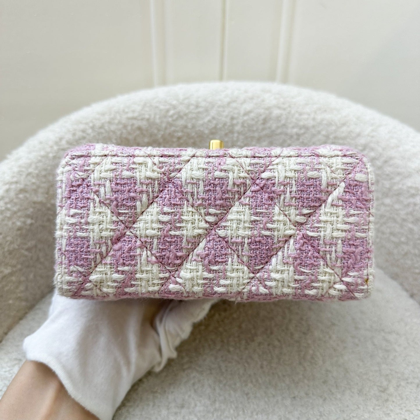 GLM-23S Top Handle Flap Bag in Pink Tweed Houndstooth AGHW