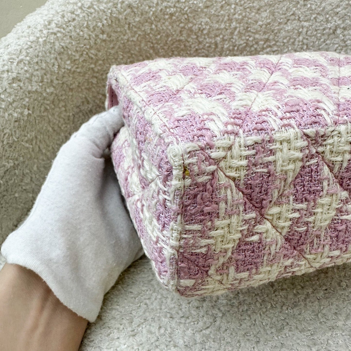 GLM-23S Top Handle Flap Bag in Pink Tweed Houndstooth AGHW