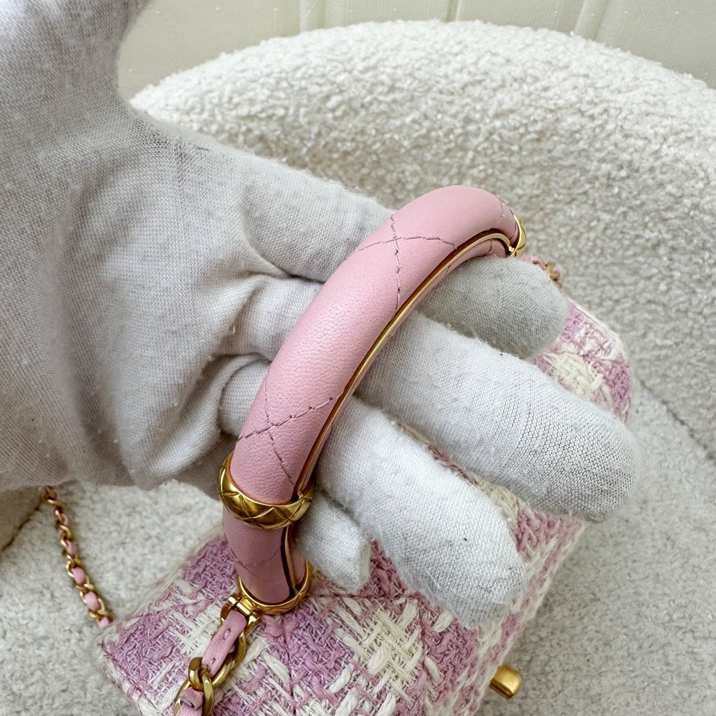 GLM-23S Top Handle Flap Bag in Pink Tweed Houndstooth AGHW