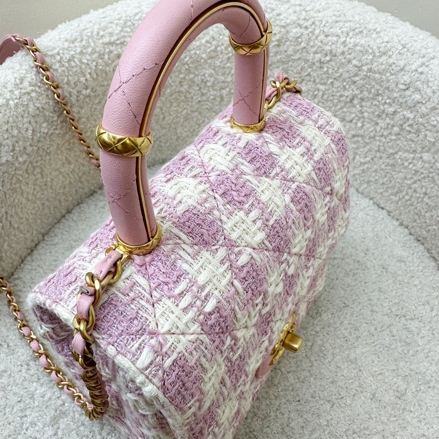 GLM-23S Top Handle Flap Bag in Pink Tweed Houndstooth AGHW
