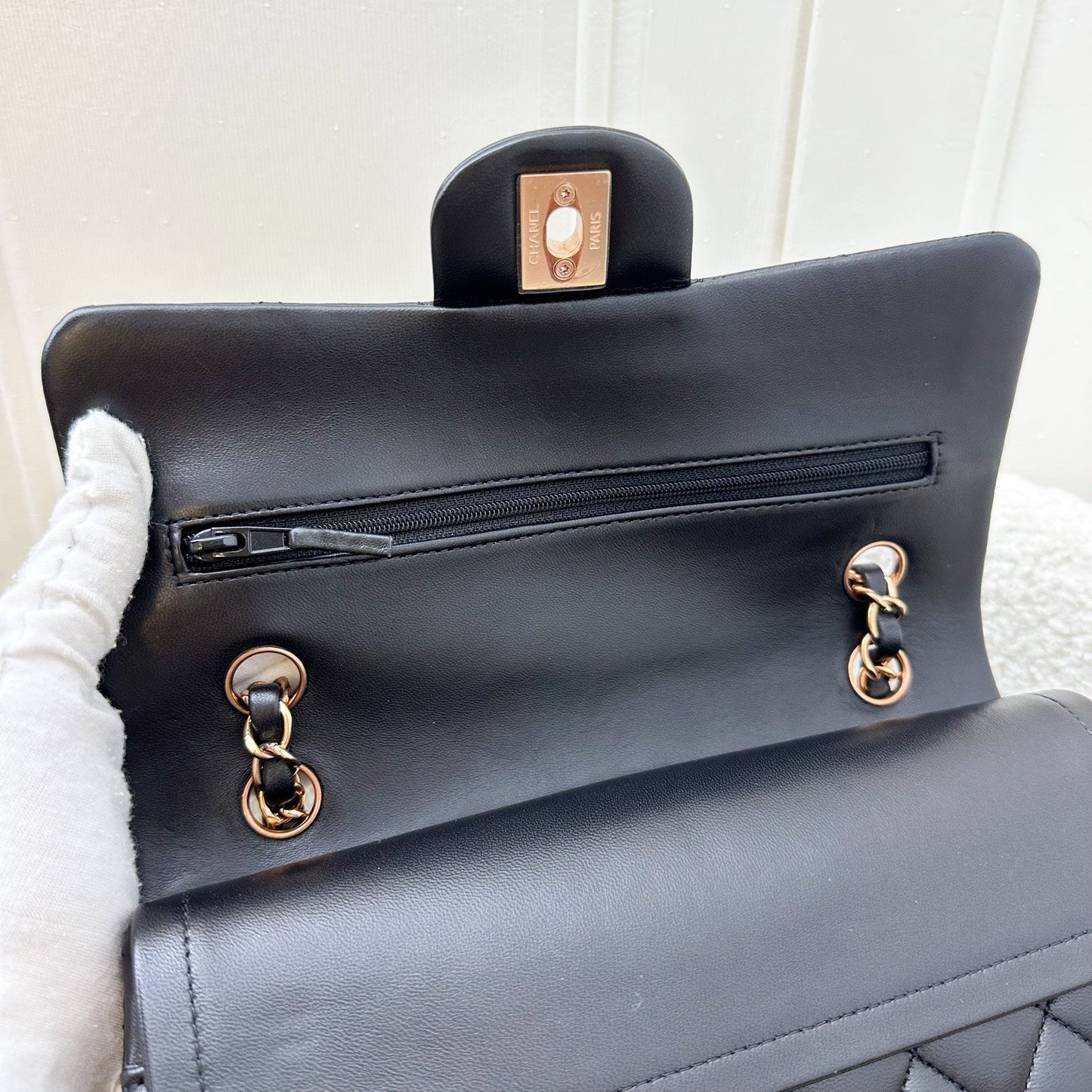 GLM-Small Classic Flap CF in Black Lambskin and Rose Gold HW