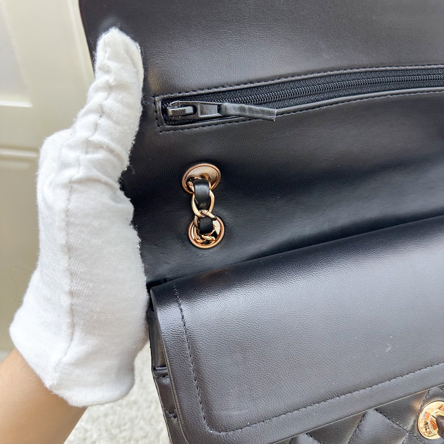 GLM-Small Classic Flap CF in Black Lambskin and Rose Gold HW