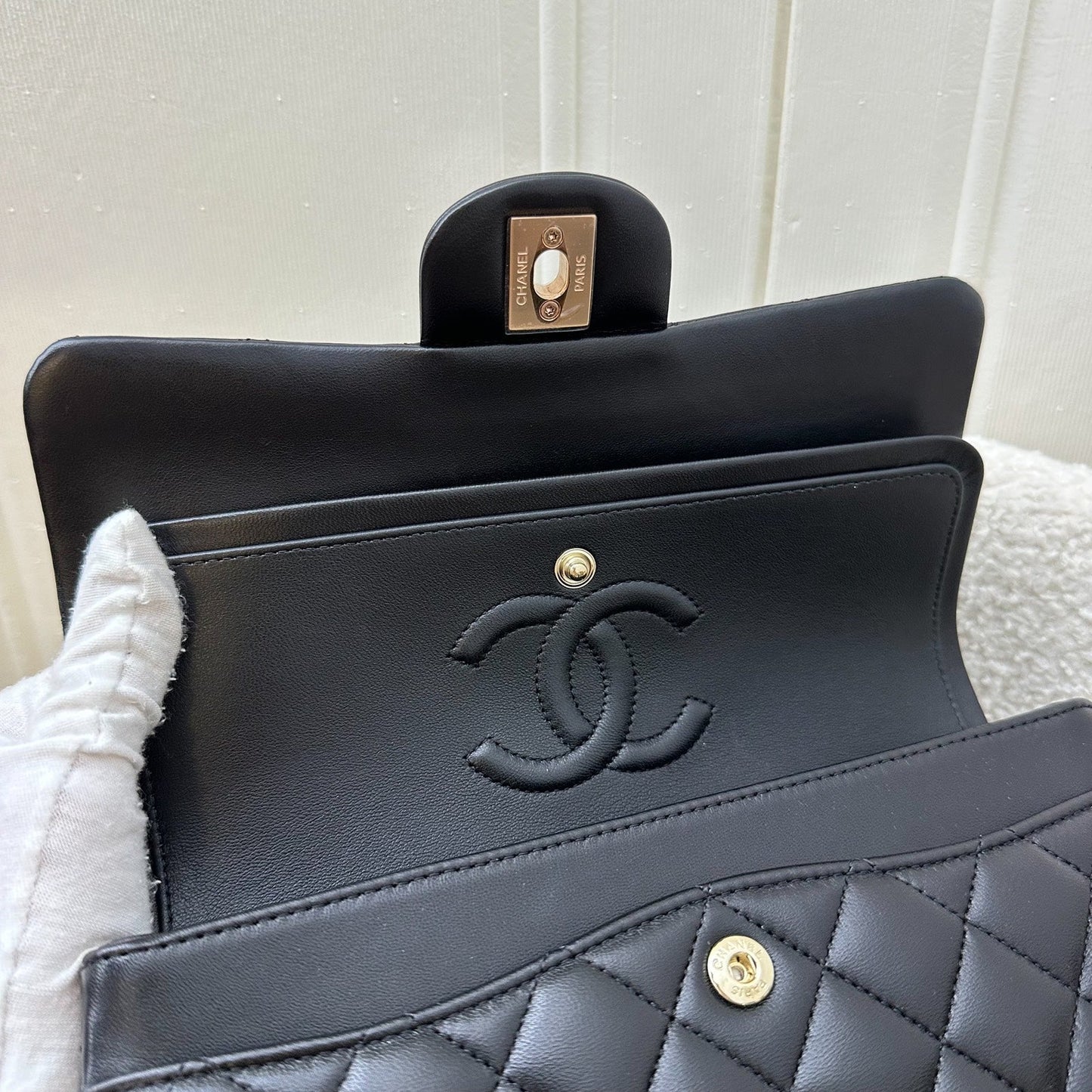 GLM-Small Classic Flap CF in Black Lambskin and Rose Gold HW