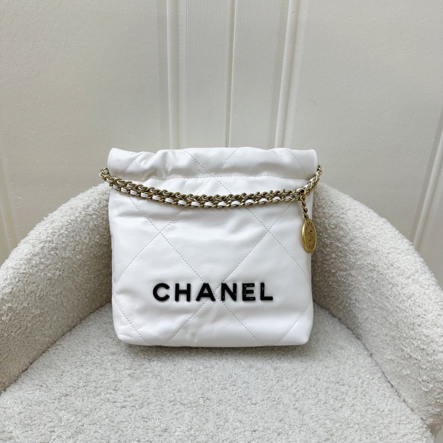 GLM-22 Mini Hobo Bag in White Calfskin and GHW with Black Logo