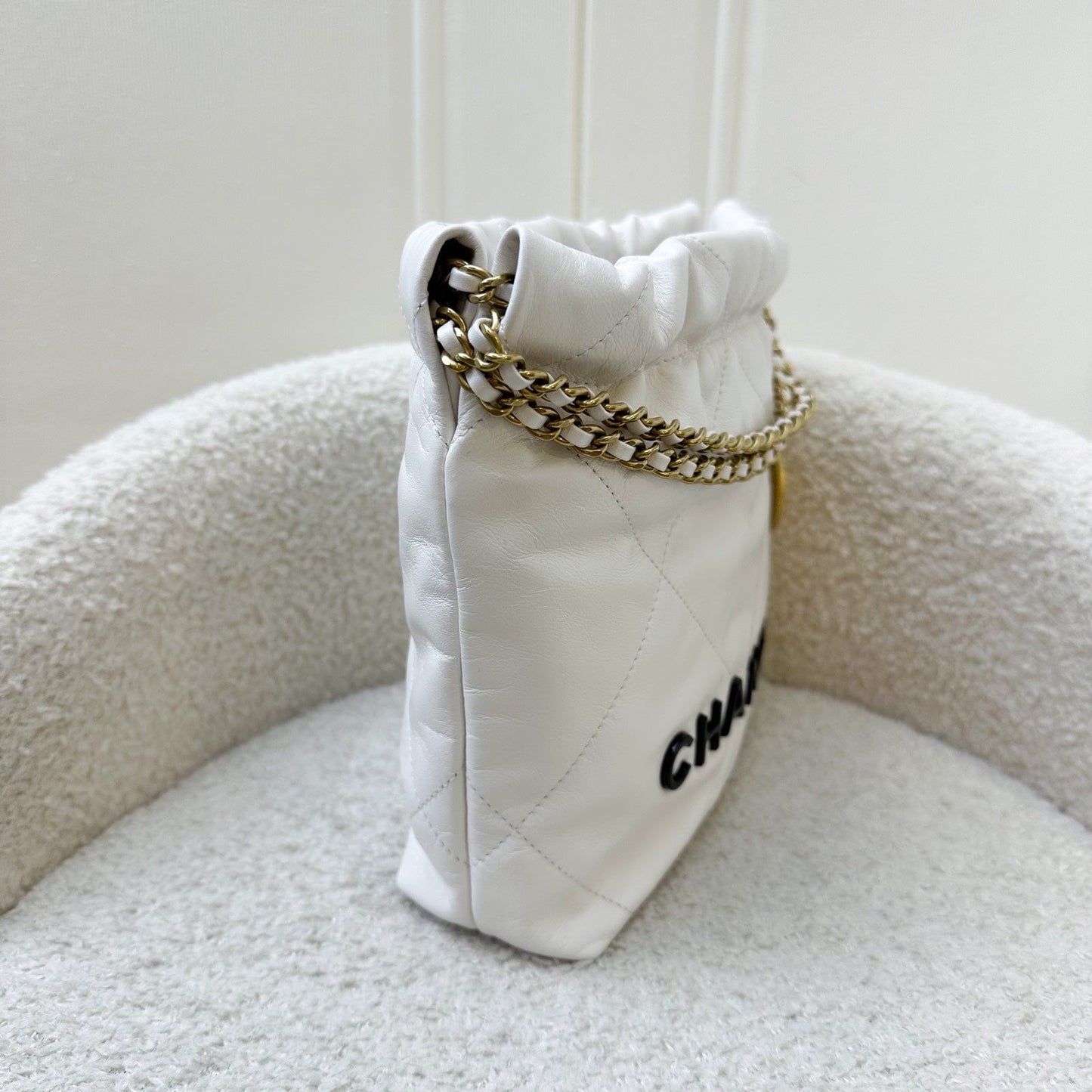 GLM-22 Mini Hobo Bag in White Calfskin and GHW with Black Logo