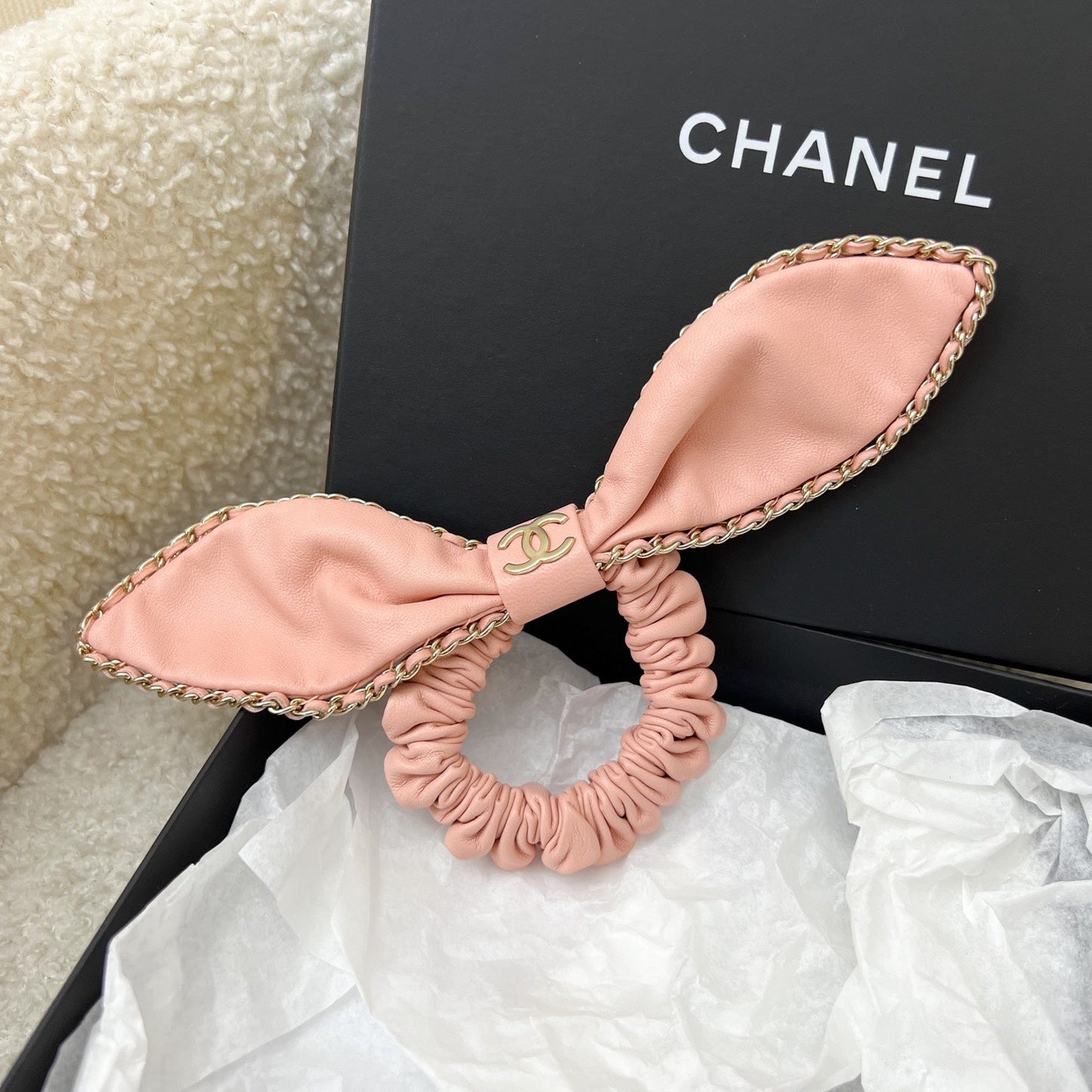 GLM-Hair Scrunchie Tie in Peach Pink Lambskin in LGHW