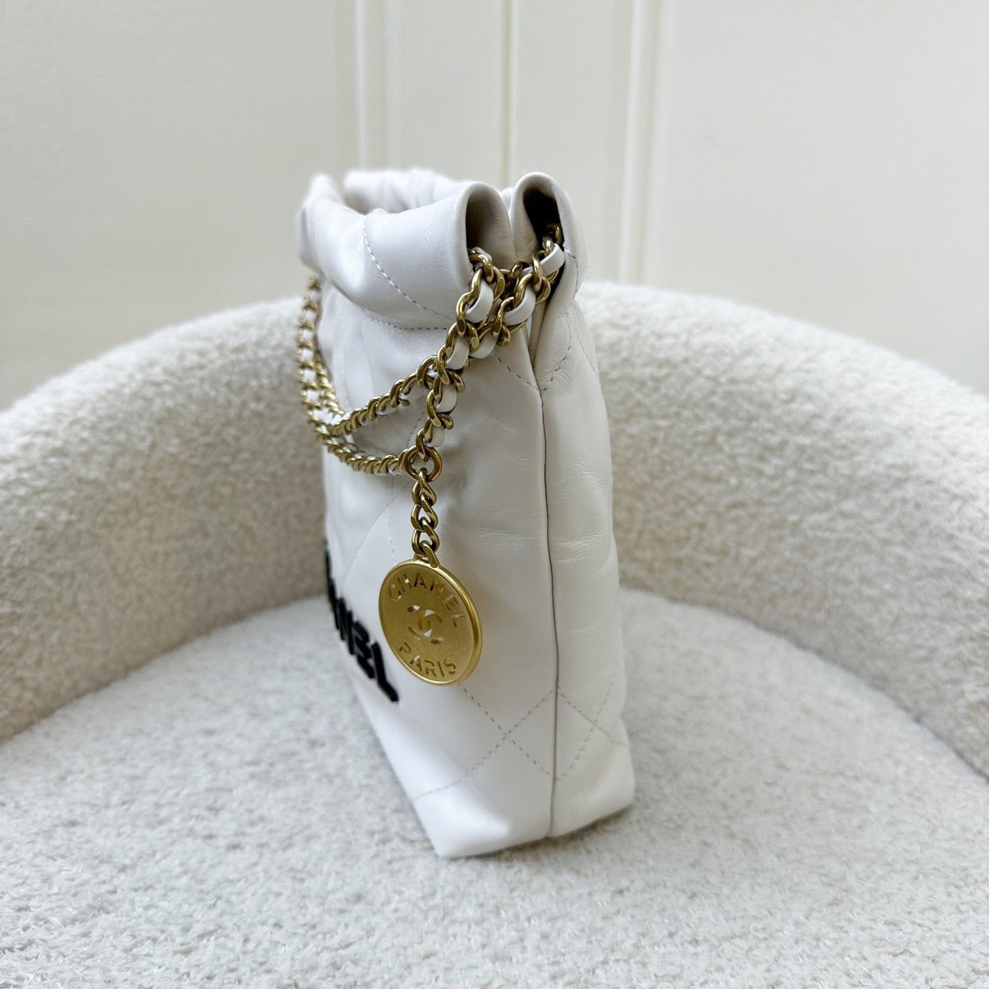 GLM-22 Mini Hobo Bag in White Calfskin and GHW with Black Logo