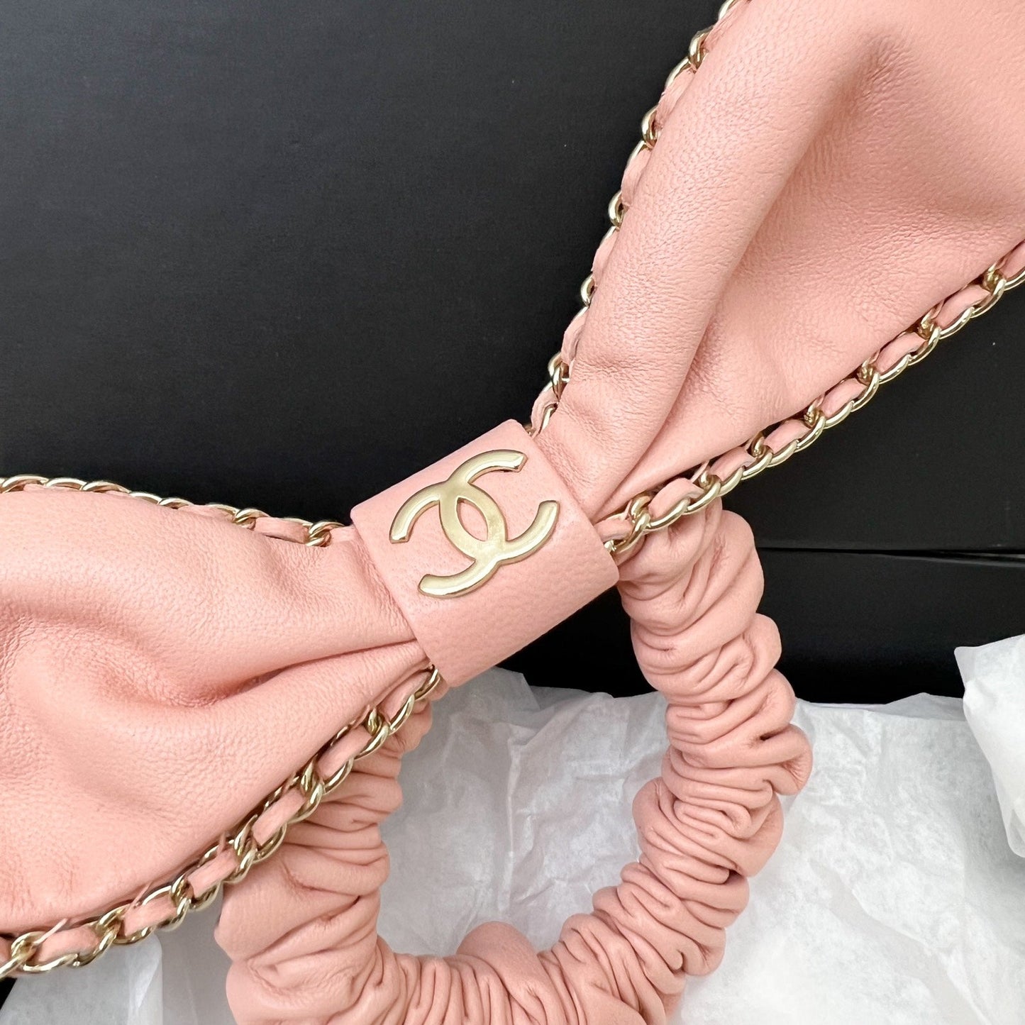 GLM-Hair Scrunchie Tie in Peach Pink Lambskin in LGHW