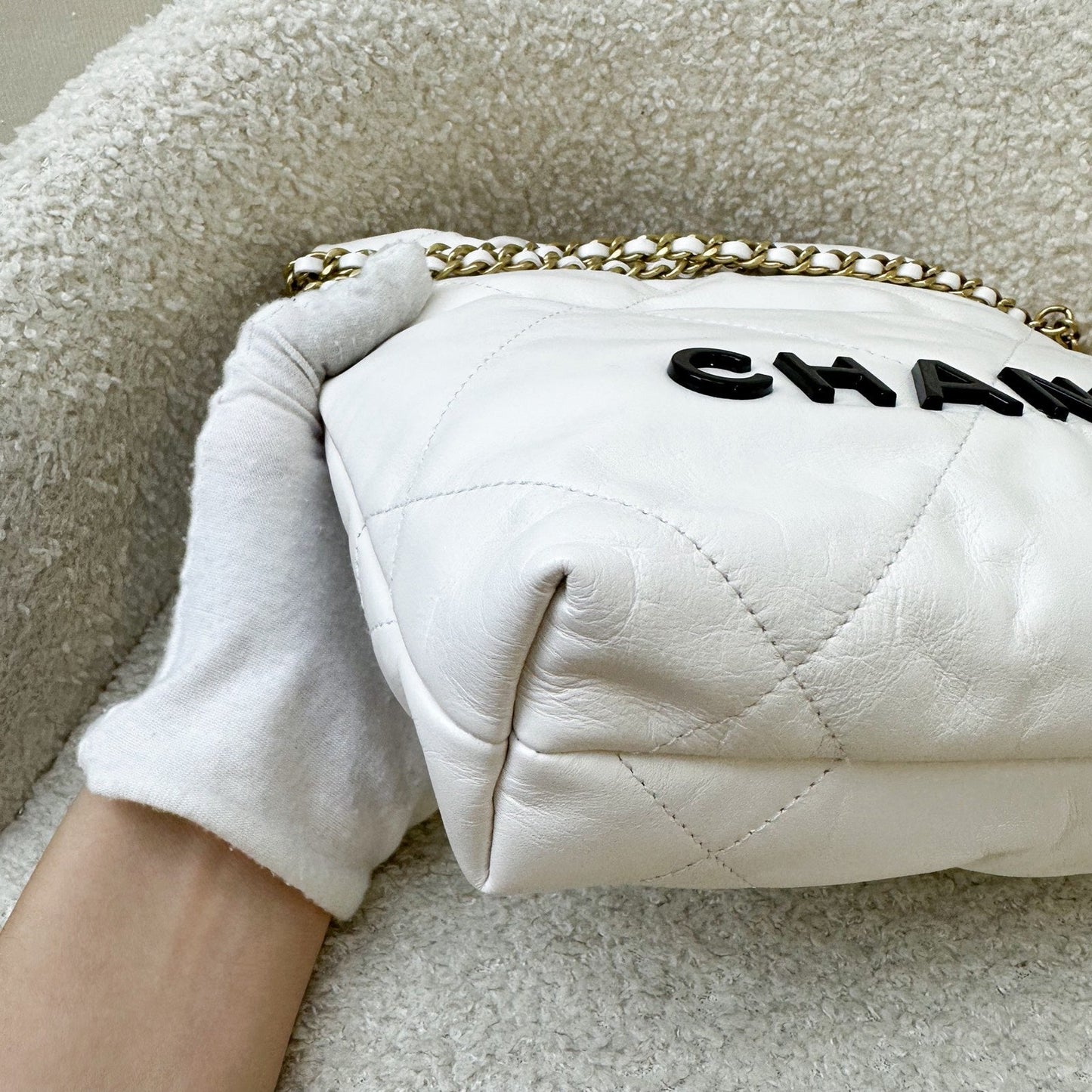 GLM-22 Mini Hobo Bag in White Calfskin and GHW with Black Logo