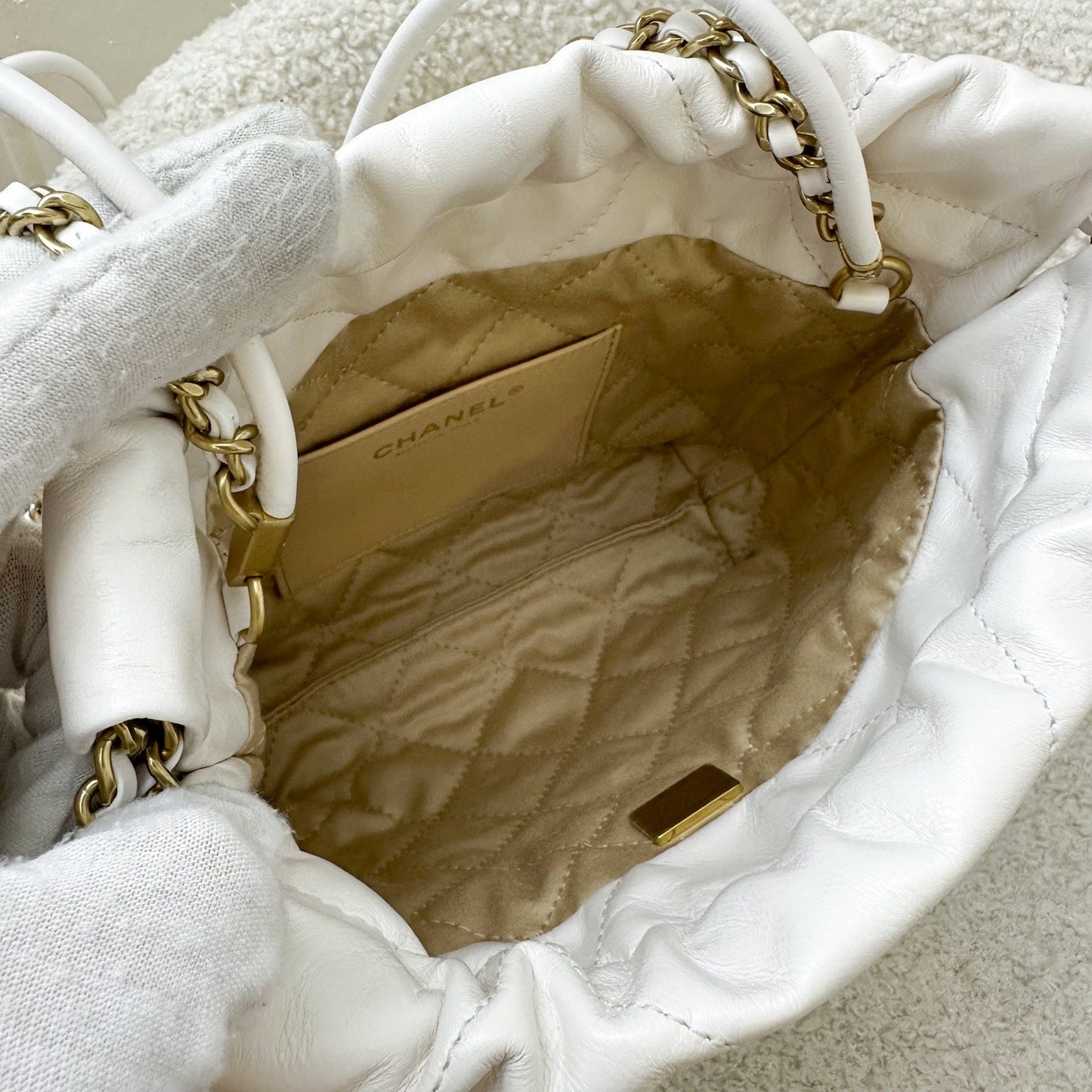 GLM-22 Mini Hobo Bag in White Calfskin and GHW with Black Logo
