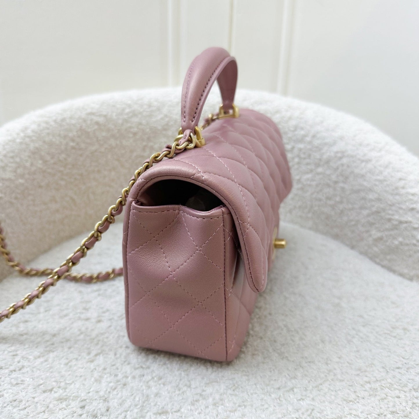 GLM-Top Handle Mini Rectangle Flap in Pink Lambskin AGHW