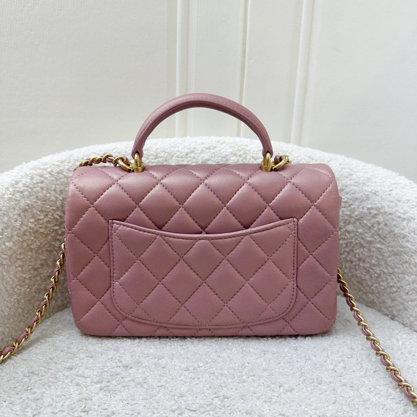 GLM-Top Handle Mini Rectangle Flap in Pink Lambskin AGHW