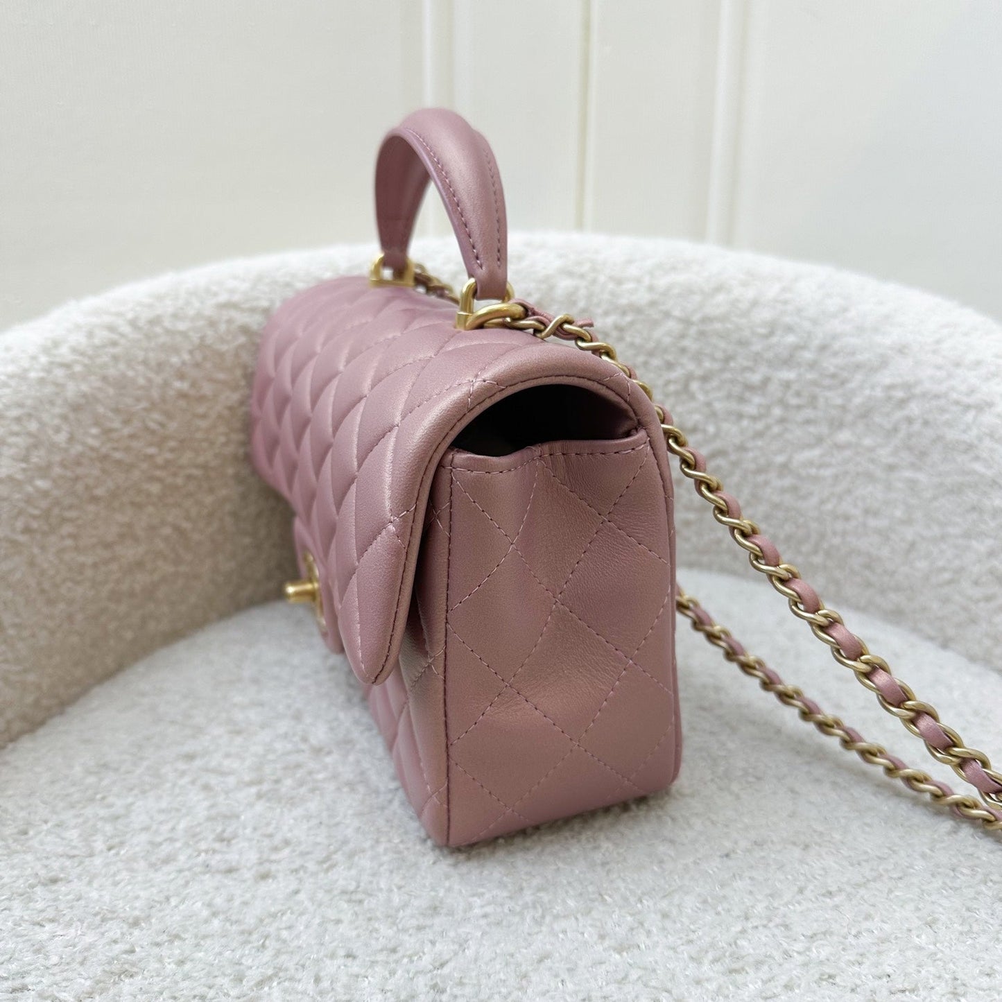 GLM-Top Handle Mini Rectangle Flap in Pink Lambskin AGHW
