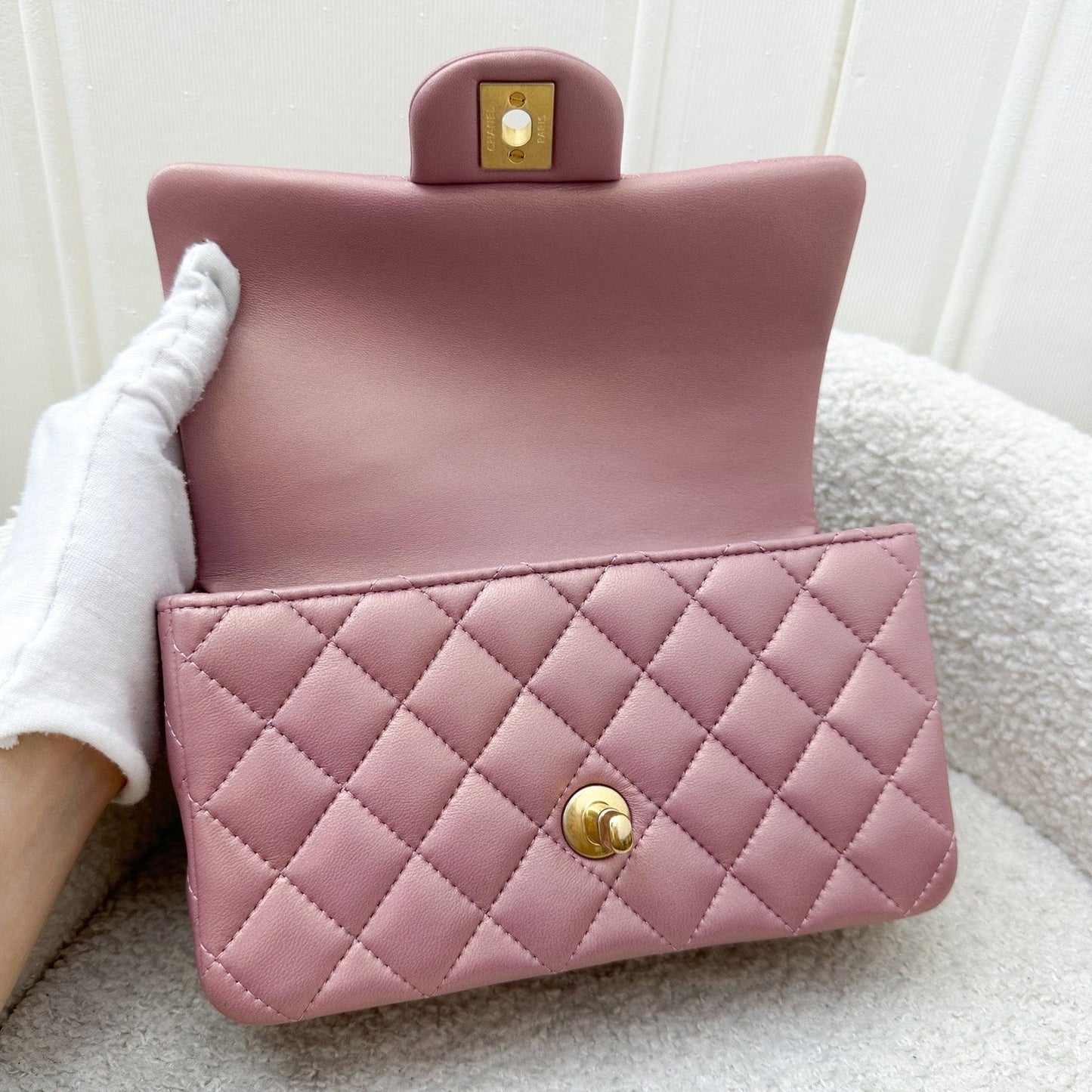 GLM-Top Handle Mini Rectangle Flap in Pink Lambskin AGHW