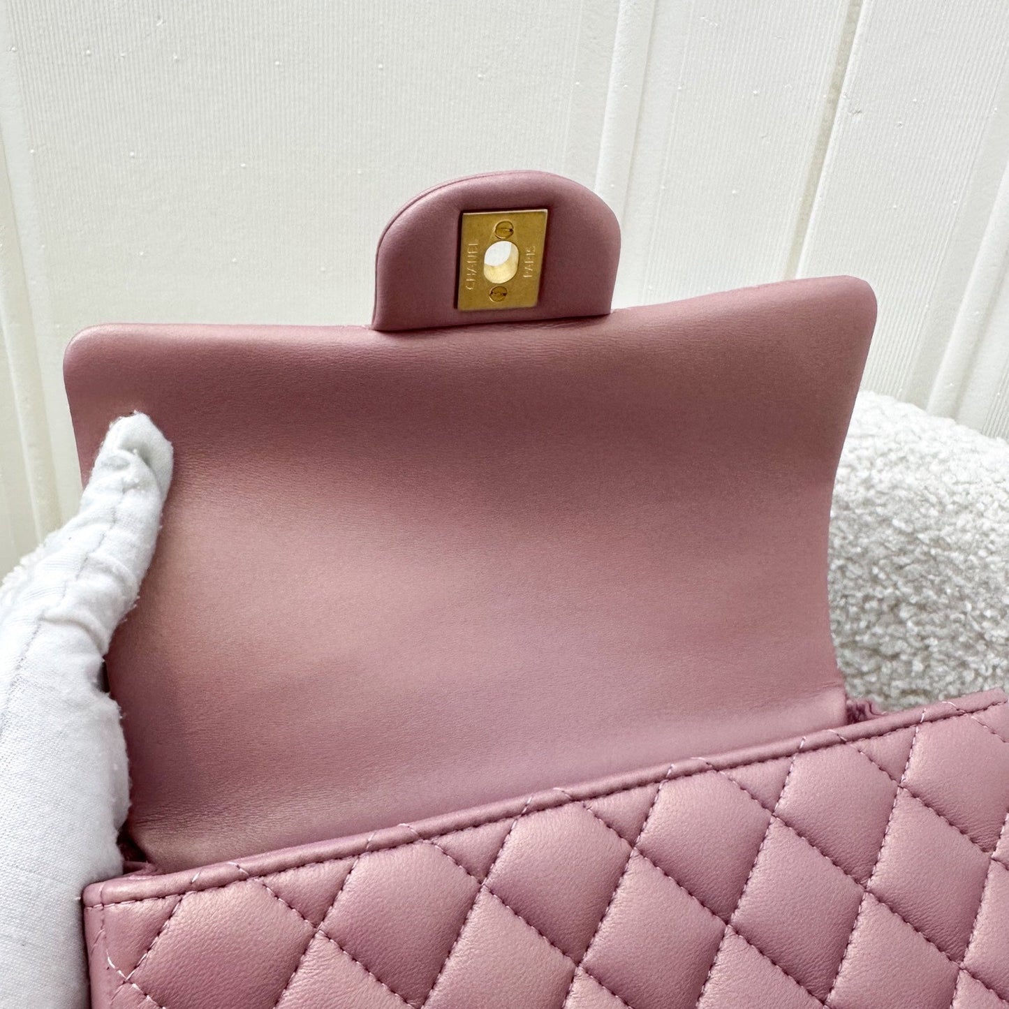 GLM-Top Handle Mini Rectangle Flap in Pink Lambskin AGHW