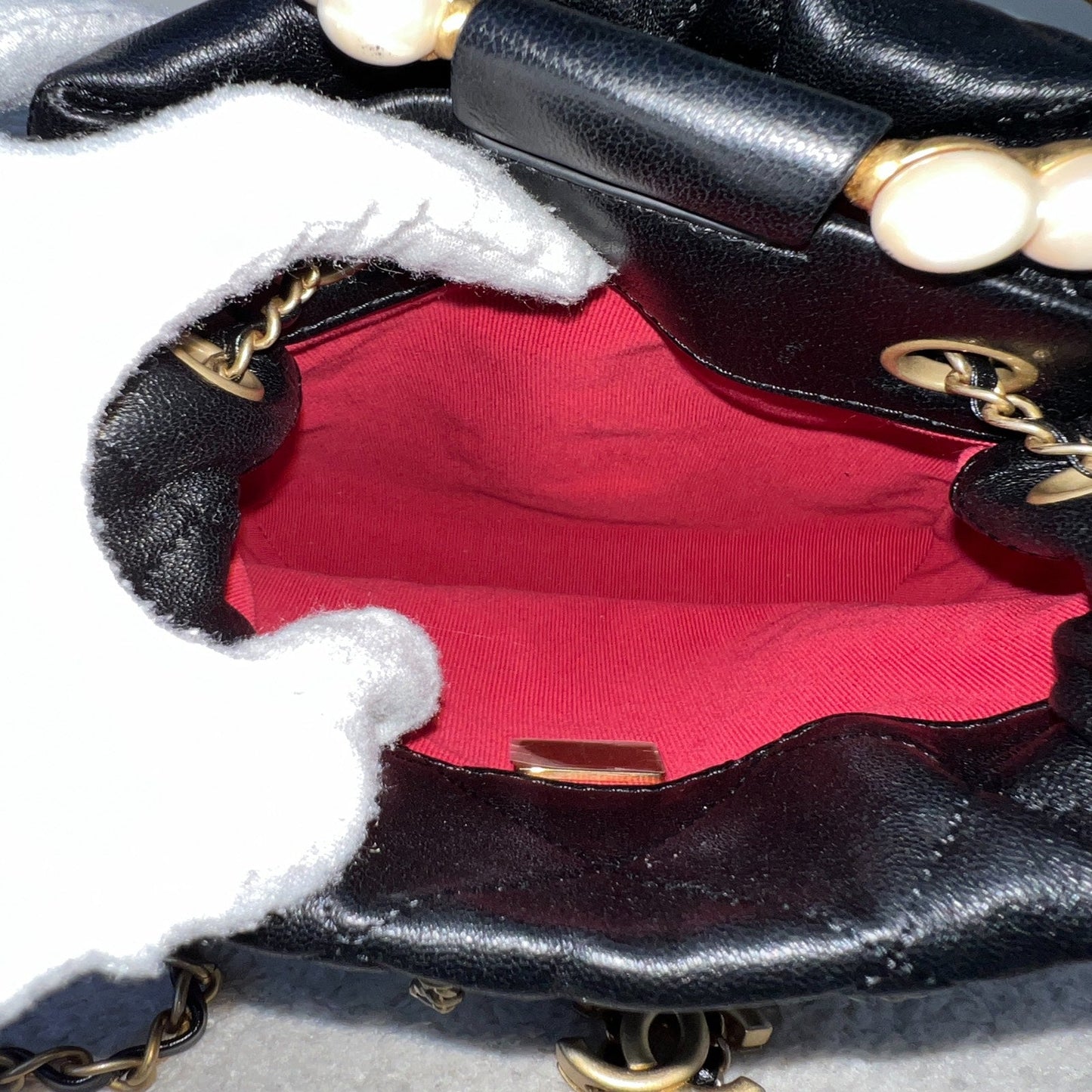 GLM-Pearl Handle Mini Drawstring Bucket Bag in Black Lambskin and AGHW (Model: AS2608)