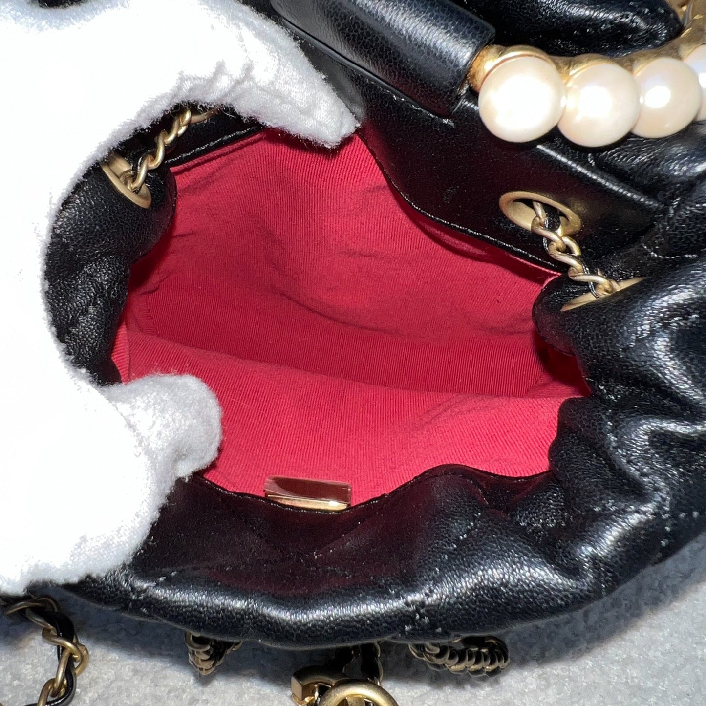 GLM-Pearl Handle Mini Drawstring Bucket Bag in Black Lambskin and AGHW (Model: AS2608)