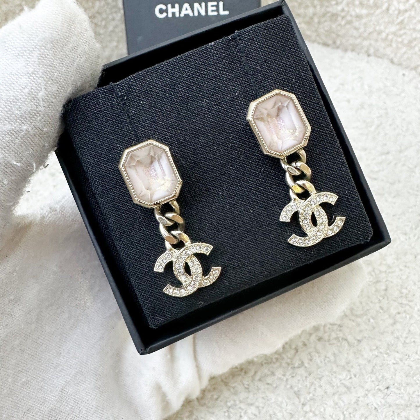 GLM-22B Lilac Resin with Dangling Crystals Logo Earrings in AGHW
