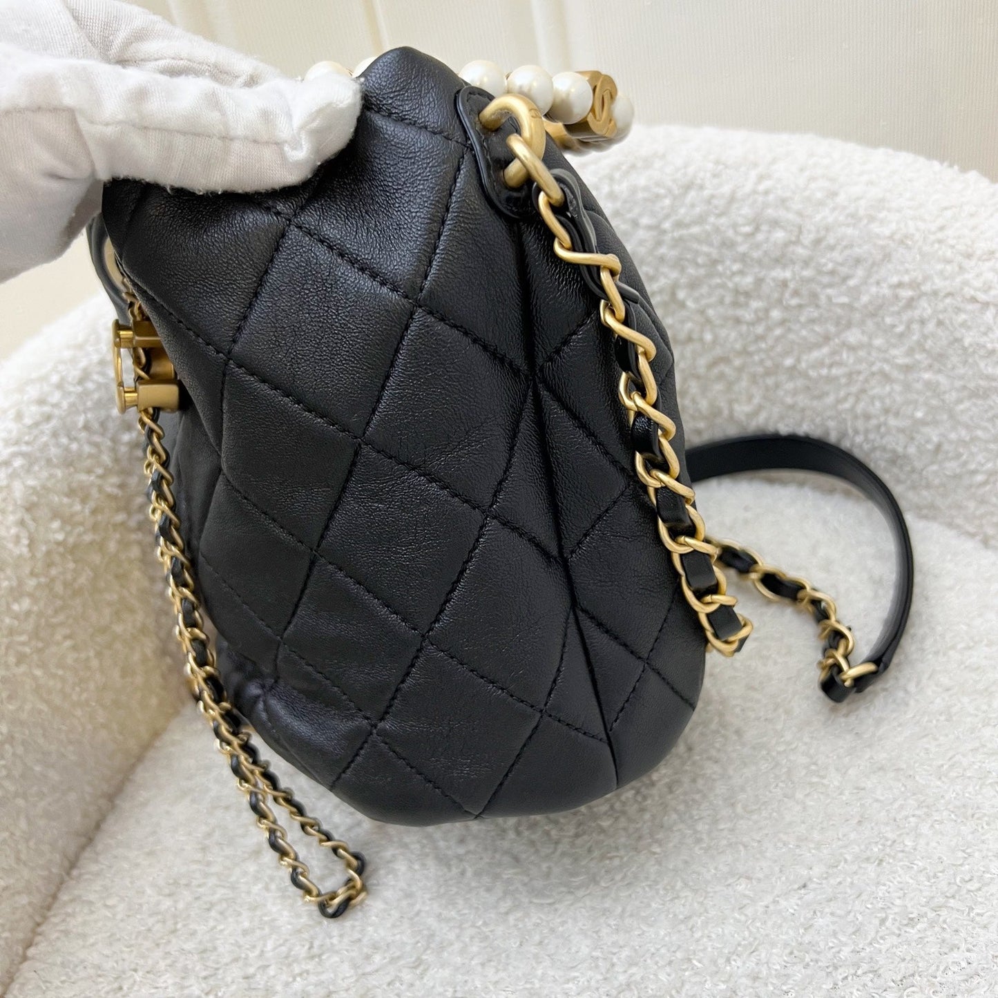 GLM-Pearl Handle Mini Drawstring Bucket Bag in Black Lambskin and AGHW (Model: AS2608)
