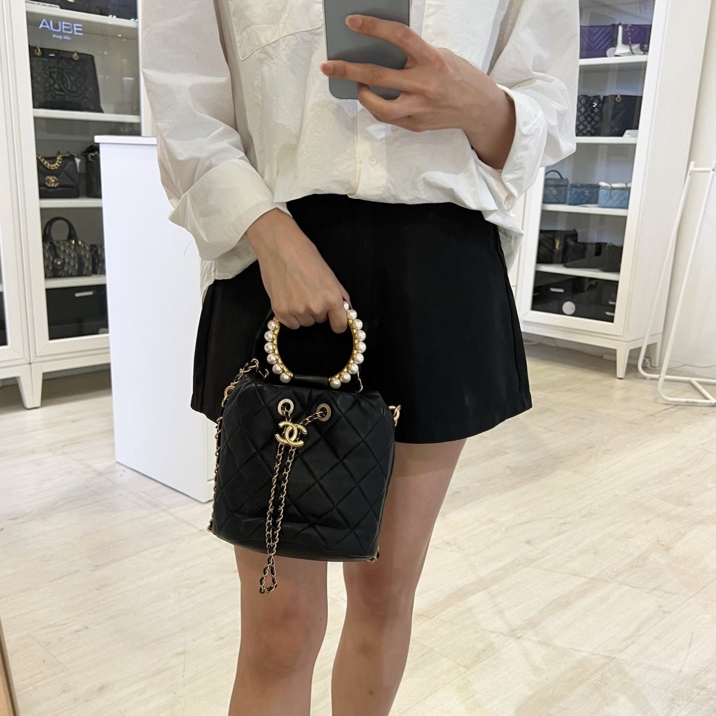 GLM-Pearl Handle Mini Drawstring Bucket Bag in Black Lambskin and AGHW (Model: AS2608)