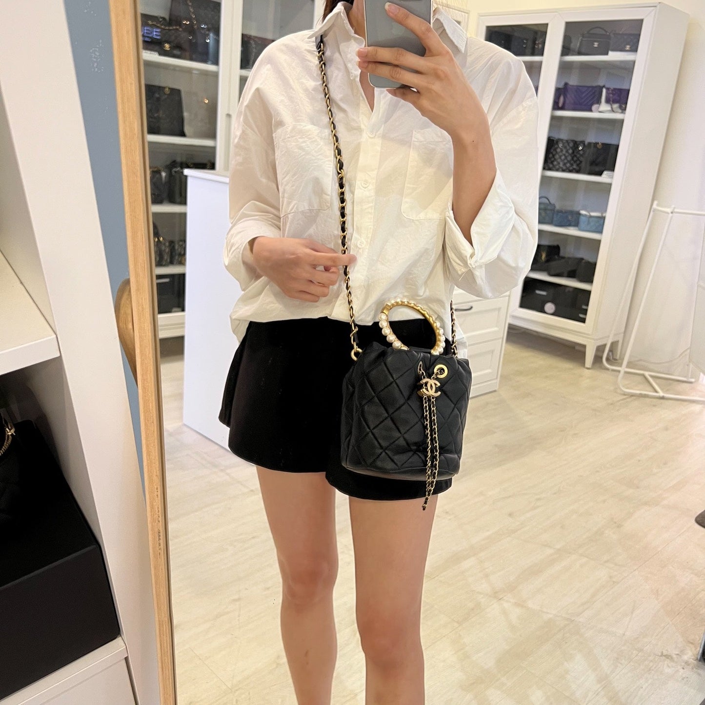 GLM-Pearl Handle Mini Drawstring Bucket Bag in Black Lambskin and AGHW (Model: AS2608)