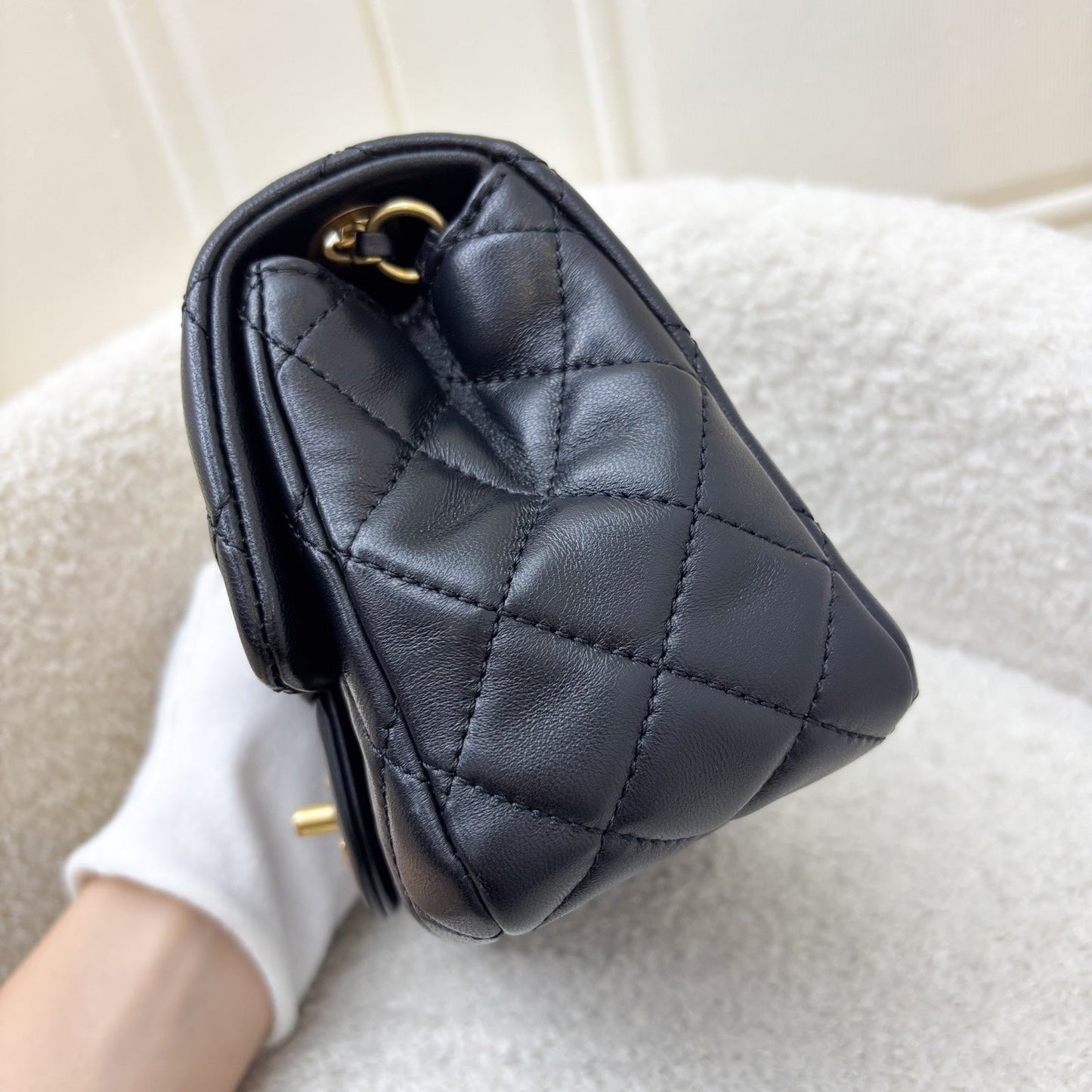 GLM-22C Pearl Crush Square Mini Flap in Black Lambskin and AGHW (Model: AS1786)