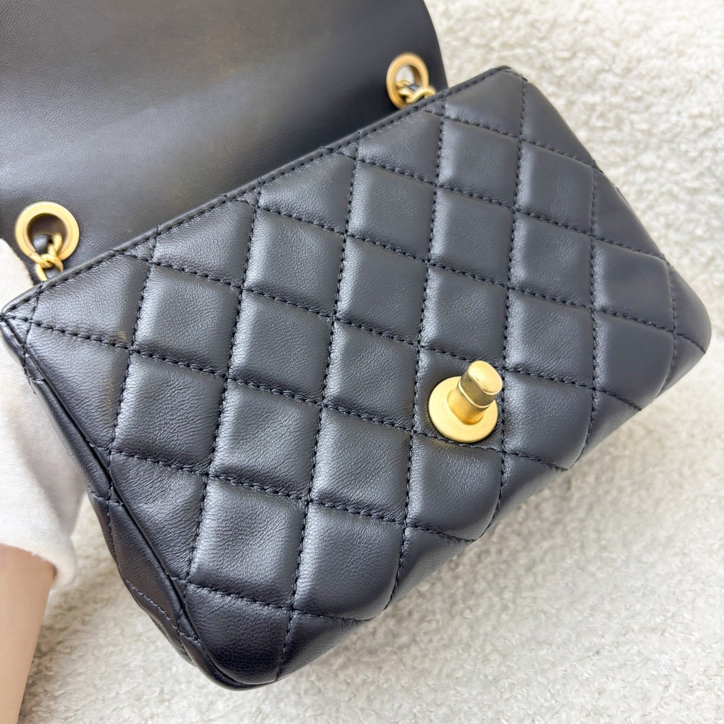 GLM-22C Pearl Crush Square Mini Flap in Black Lambskin and AGHW (Model: AS1786)