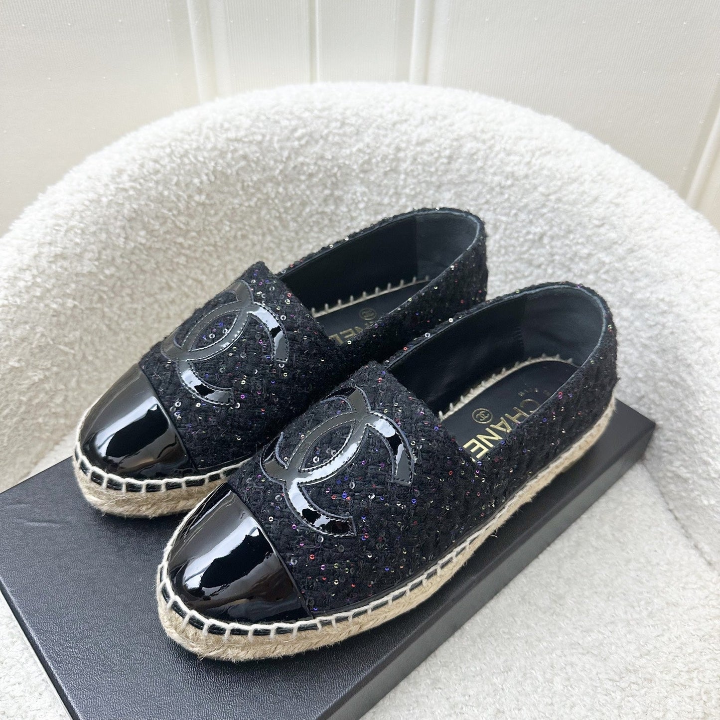GLM-Espadrilles in Black Tweed with Sequins and Black Patent Leather Sz 35