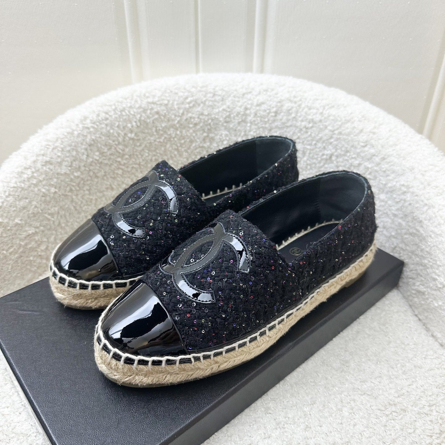 GLM-Espadrilles in Black Tweed with Sequins and Black Patent Leather Sz 35