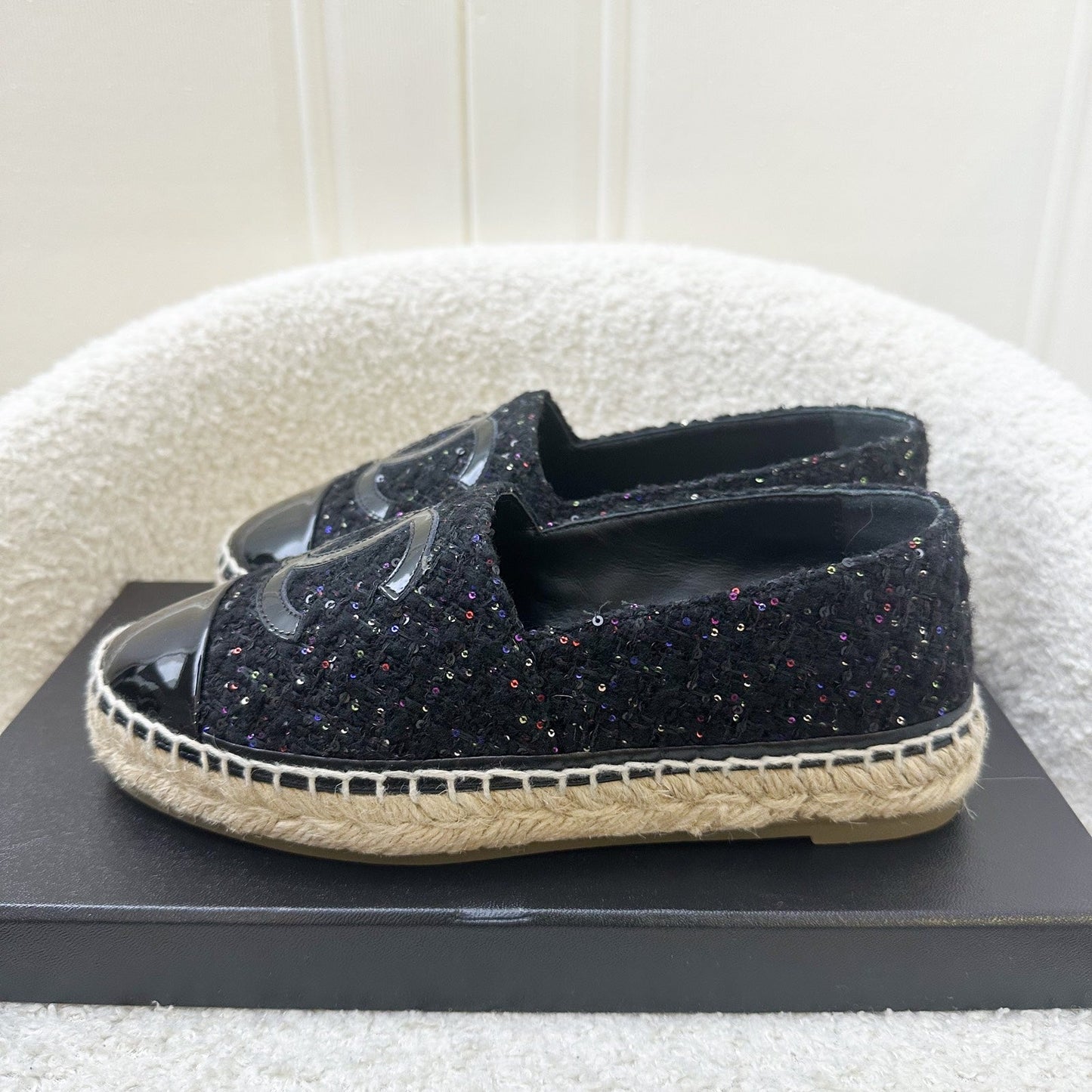 GLM-Espadrilles in Black Tweed with Sequins and Black Patent Leather Sz 35