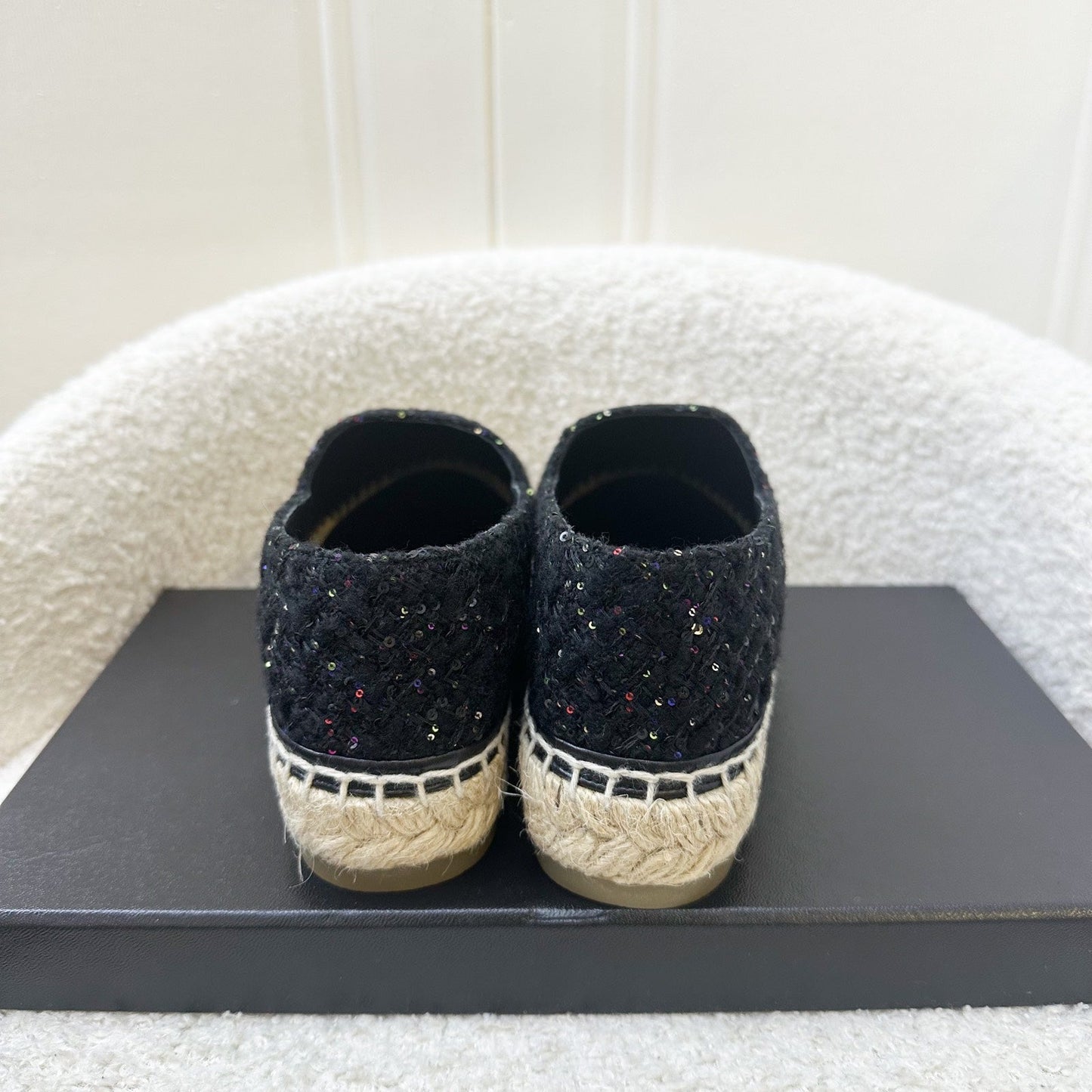 GLM-Espadrilles in Black Tweed with Sequins and Black Patent Leather Sz 35
