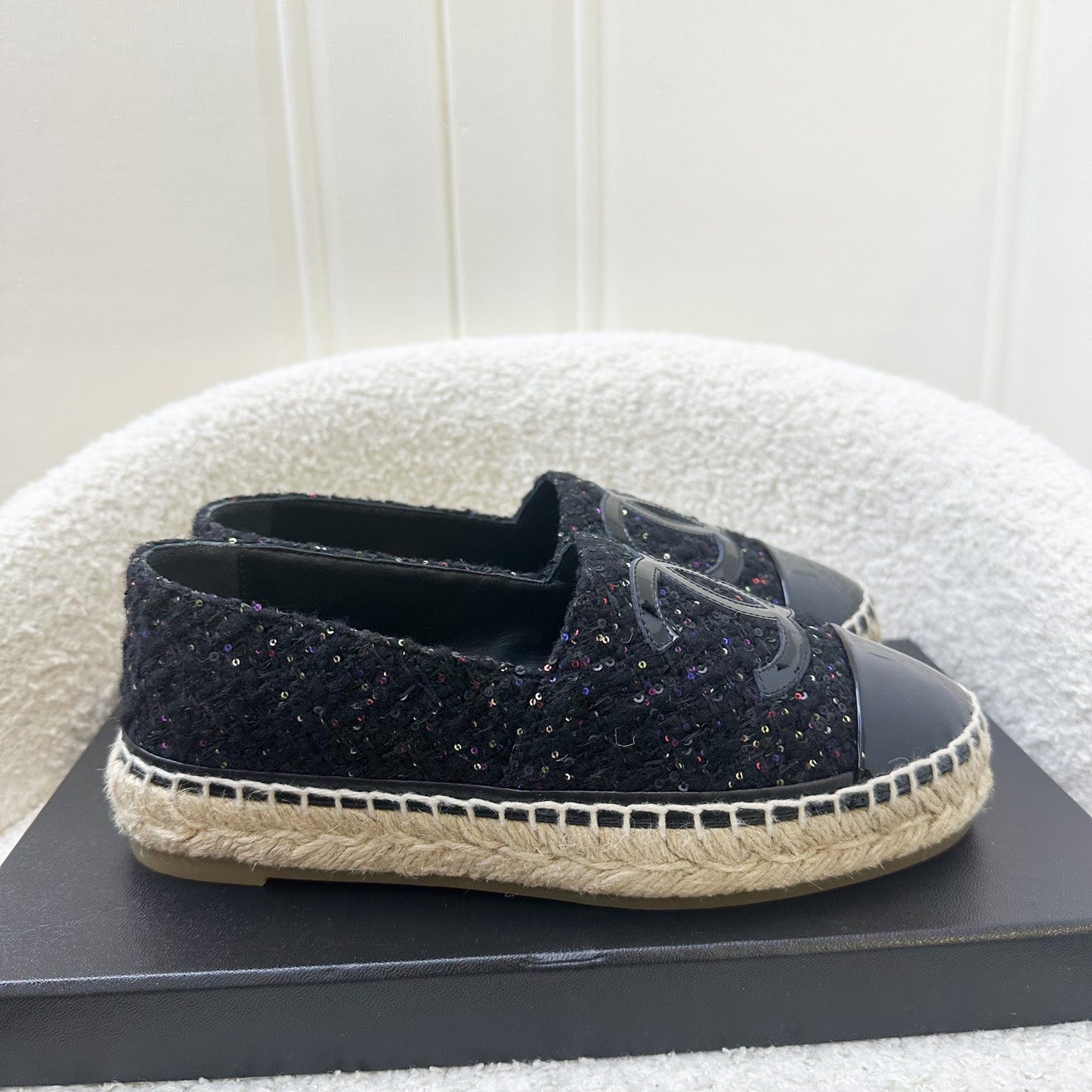 GLM-Espadrilles in Black Tweed with Sequins and Black Patent Leather Sz 35