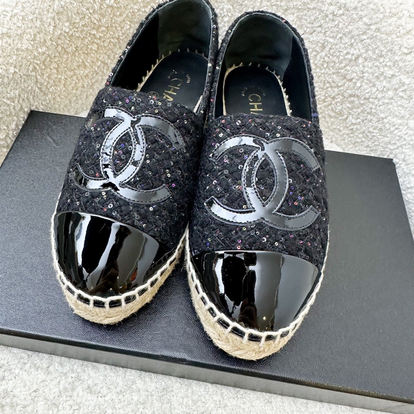 GLM-Espadrilles in Black Tweed with Sequins and Black Patent Leather Sz 35